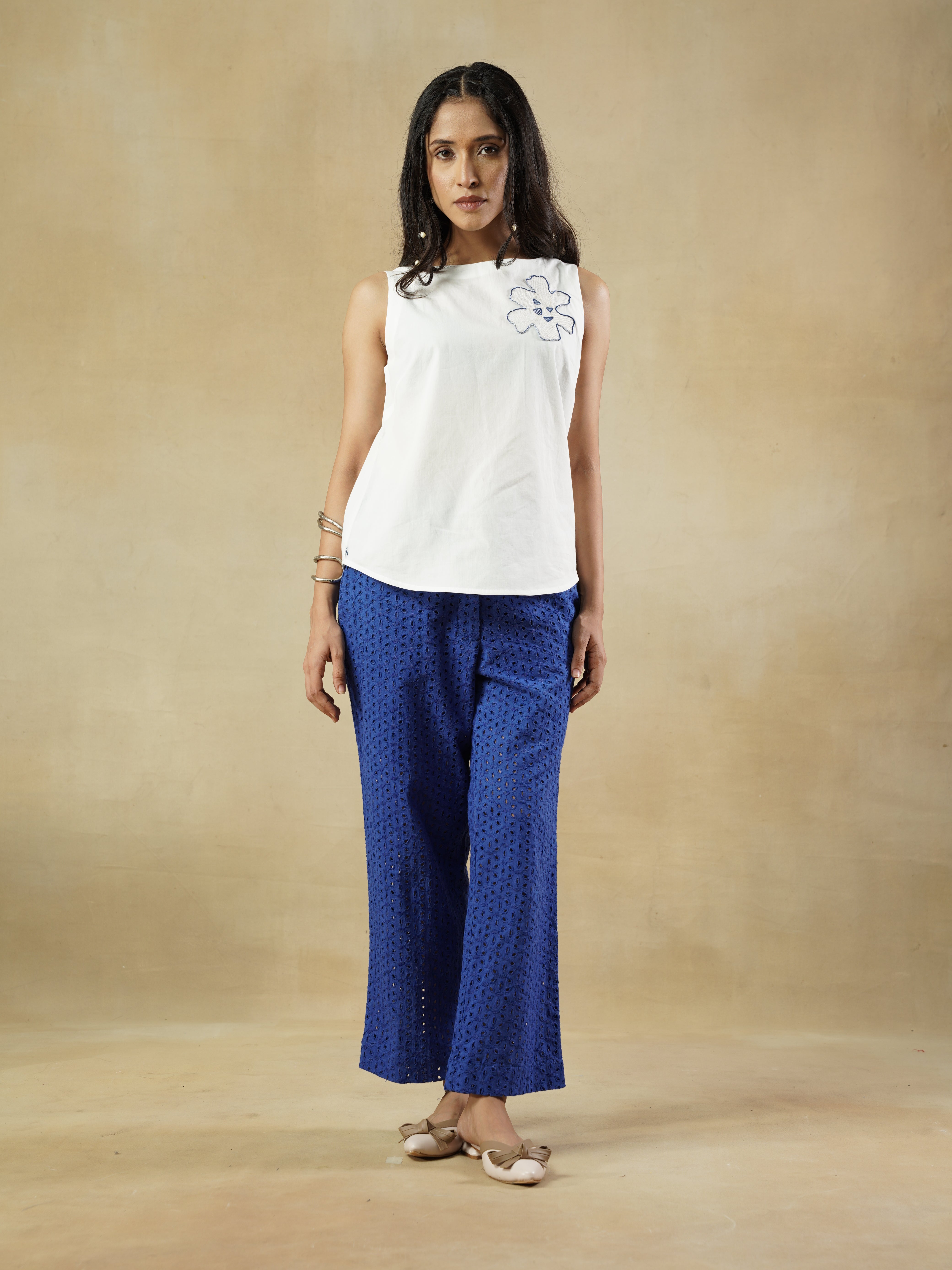 White Cotton Top with Abstract Flower Patch