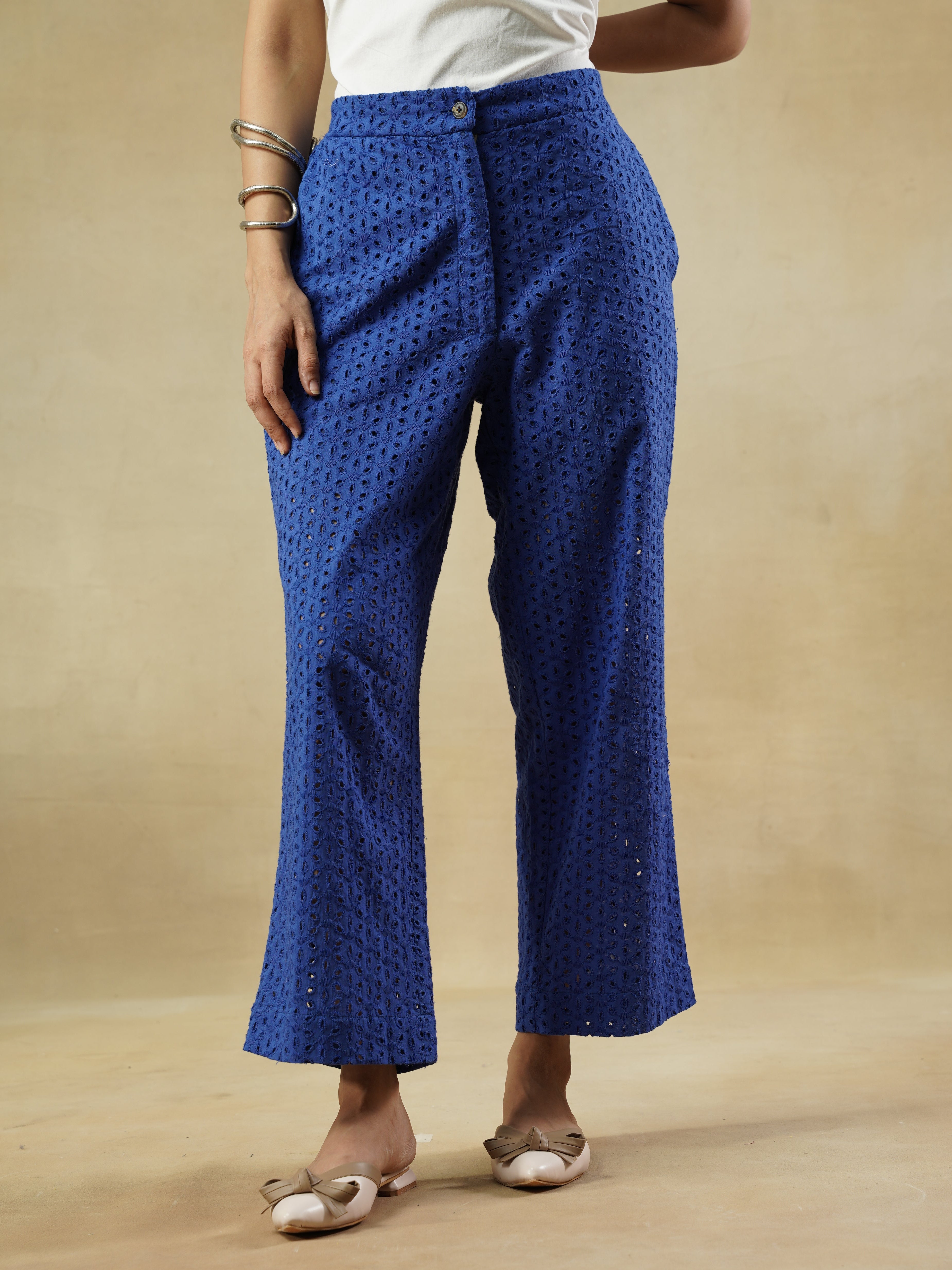 Blue Cotton Schiffli Trousers with Relaxed Silhouette – Juliet