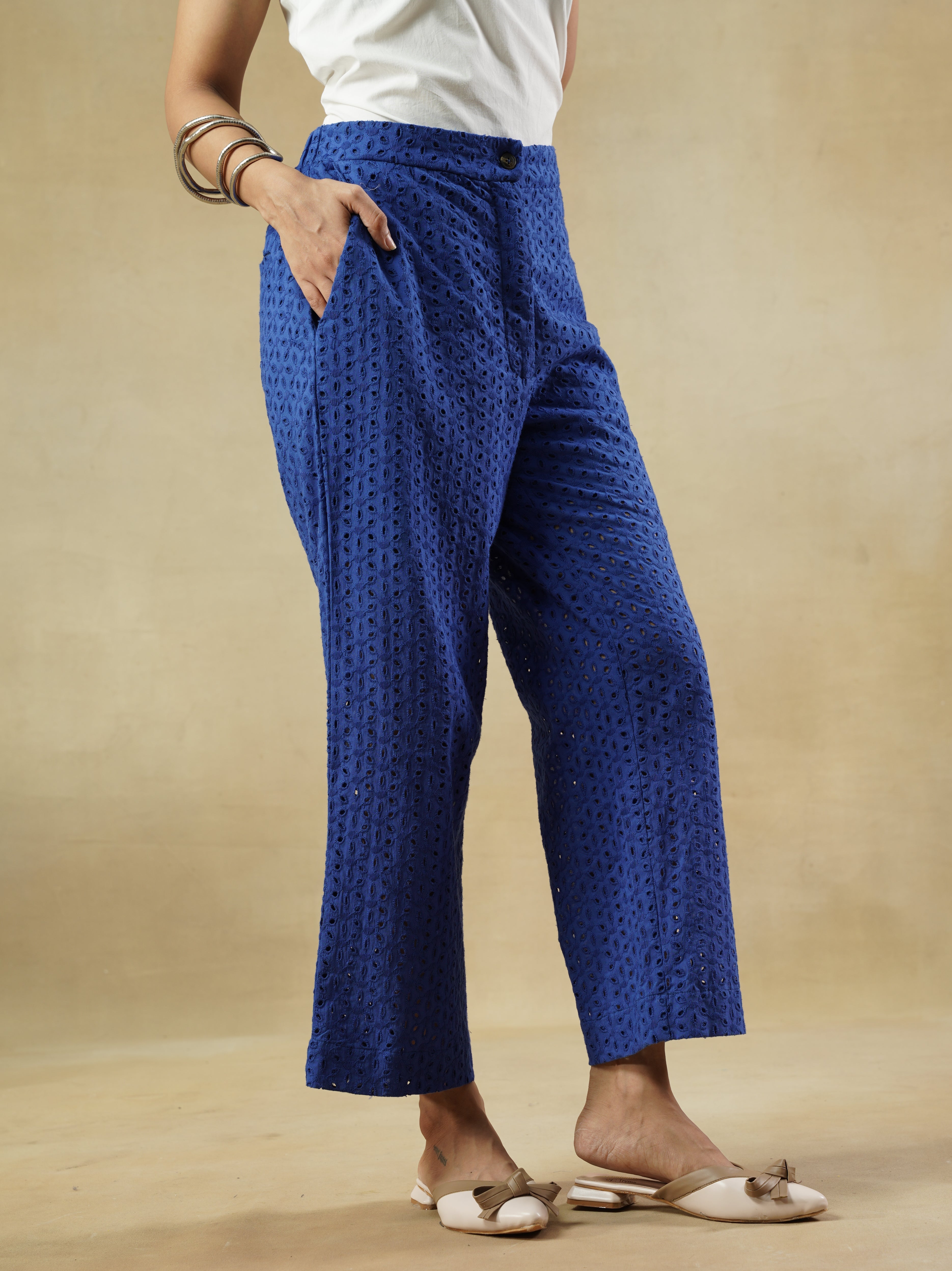 Blue Cotton Schiffli Trousers with Relaxed Silhouette – Juliet