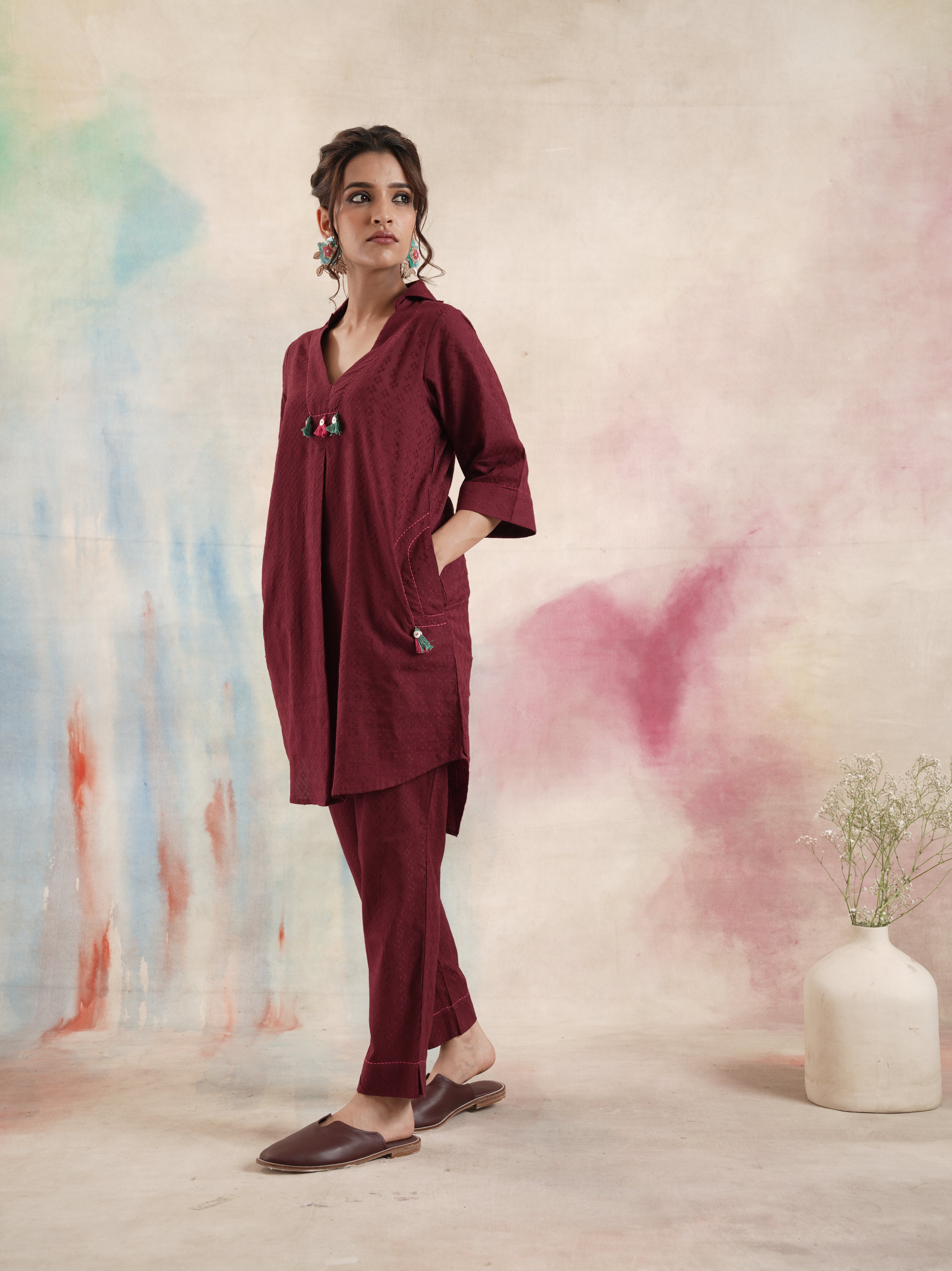 Women's Maroon Embroidered Coord Set