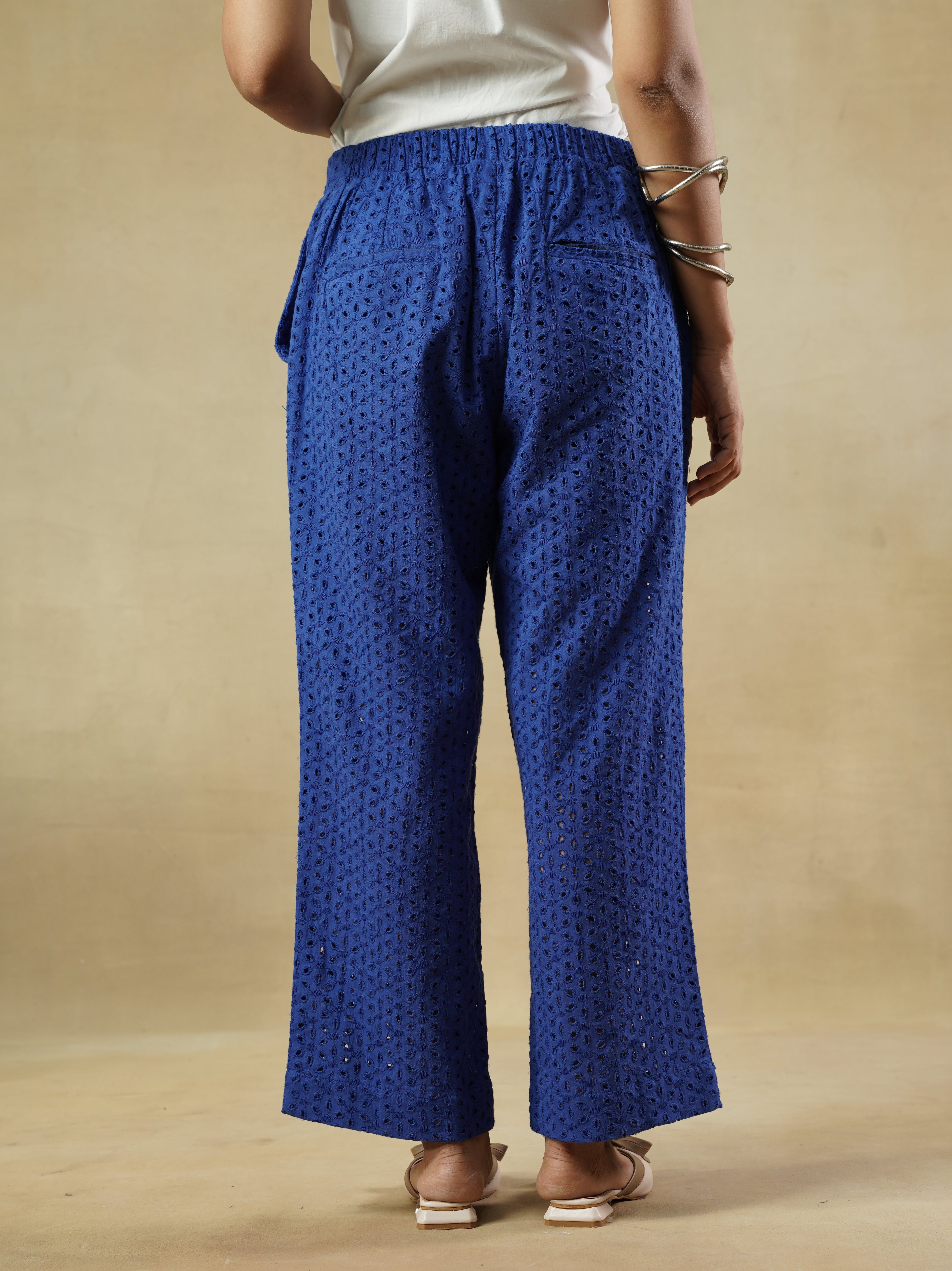 Blue Cotton Schiffli Trousers with Relaxed Silhouette – Juliet