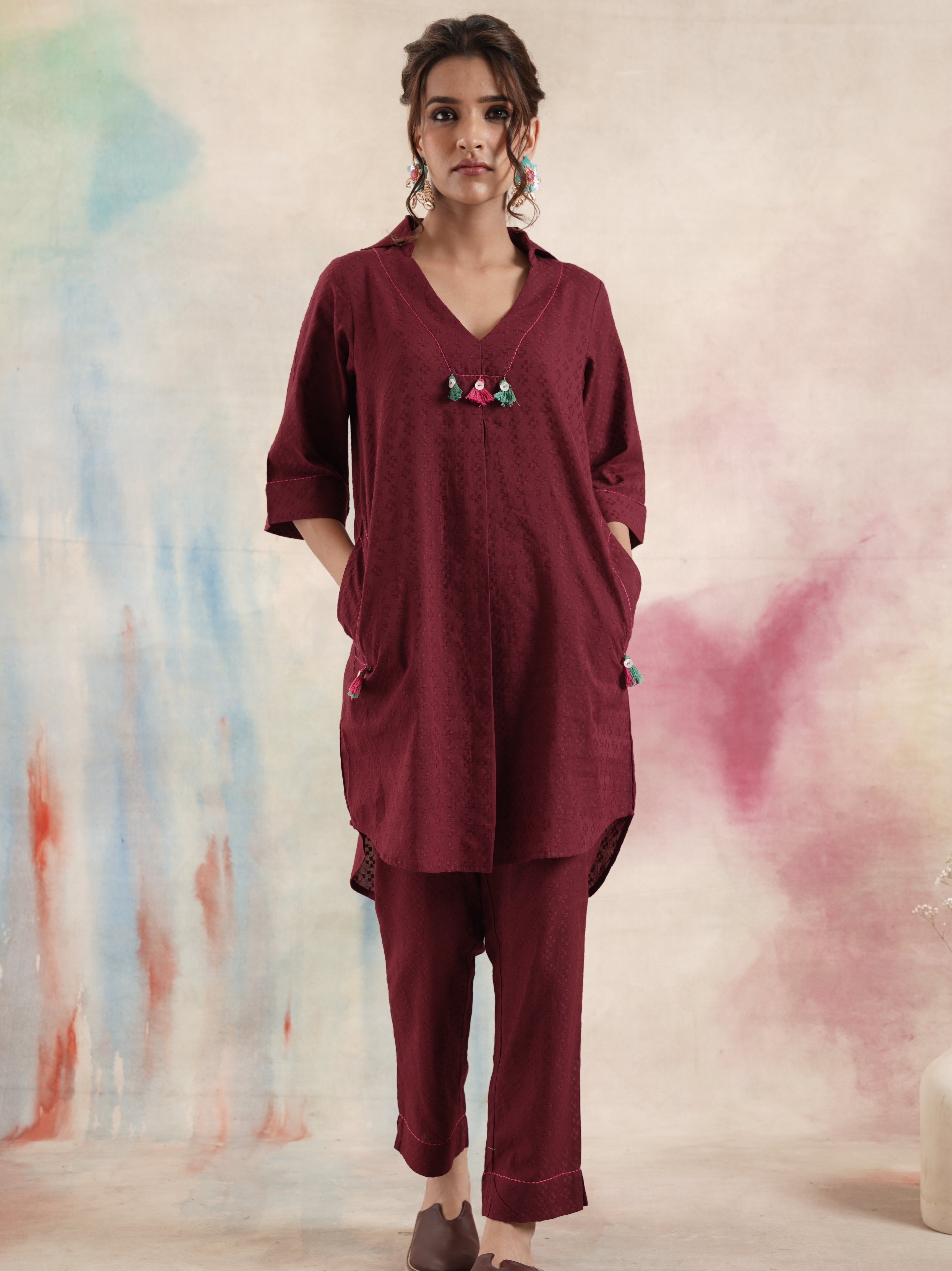 Women's Maroon Embroidered Coord Set