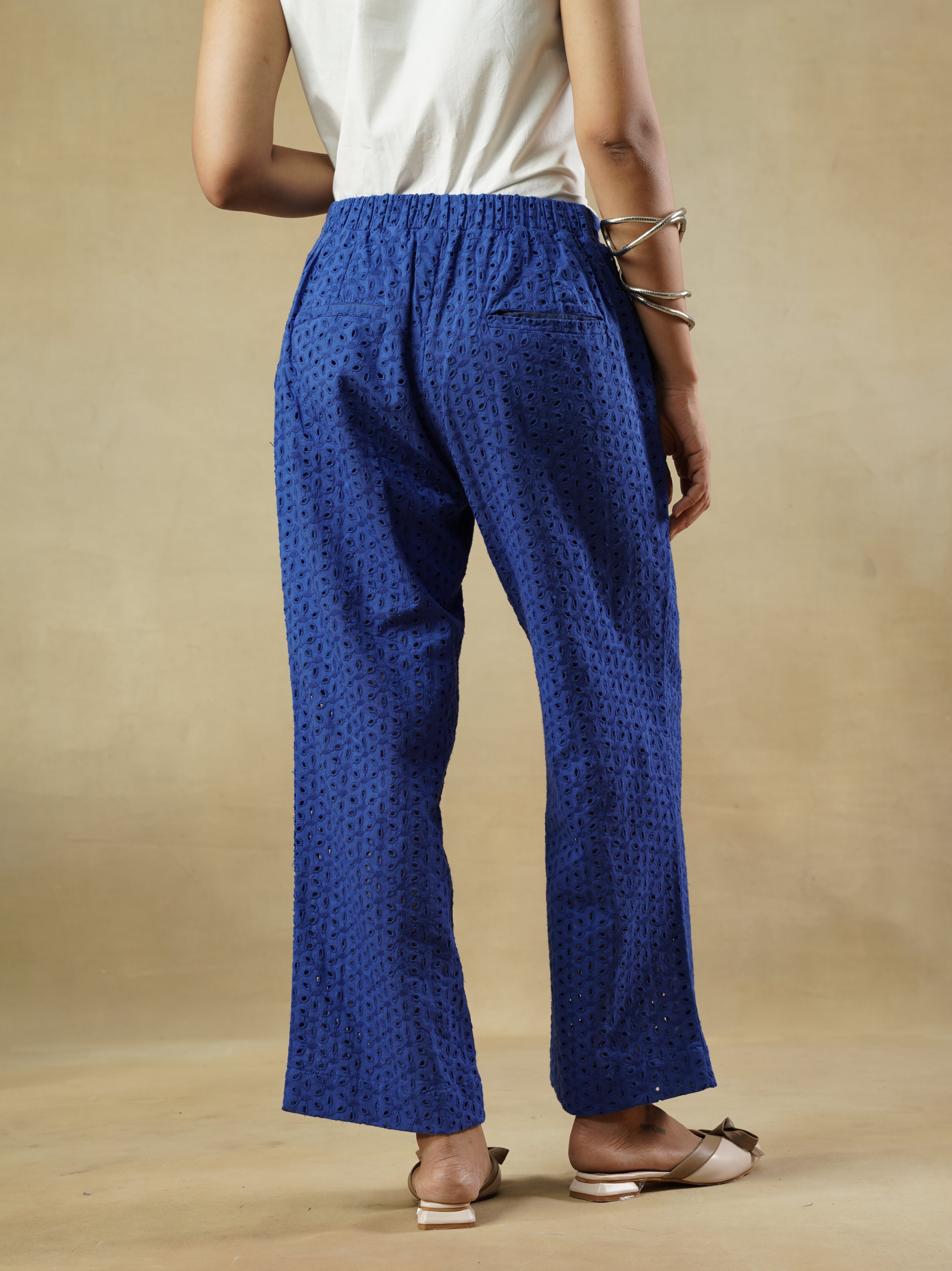 Blue Cotton Schiffli Trousers with Relaxed Silhouette – Juliet