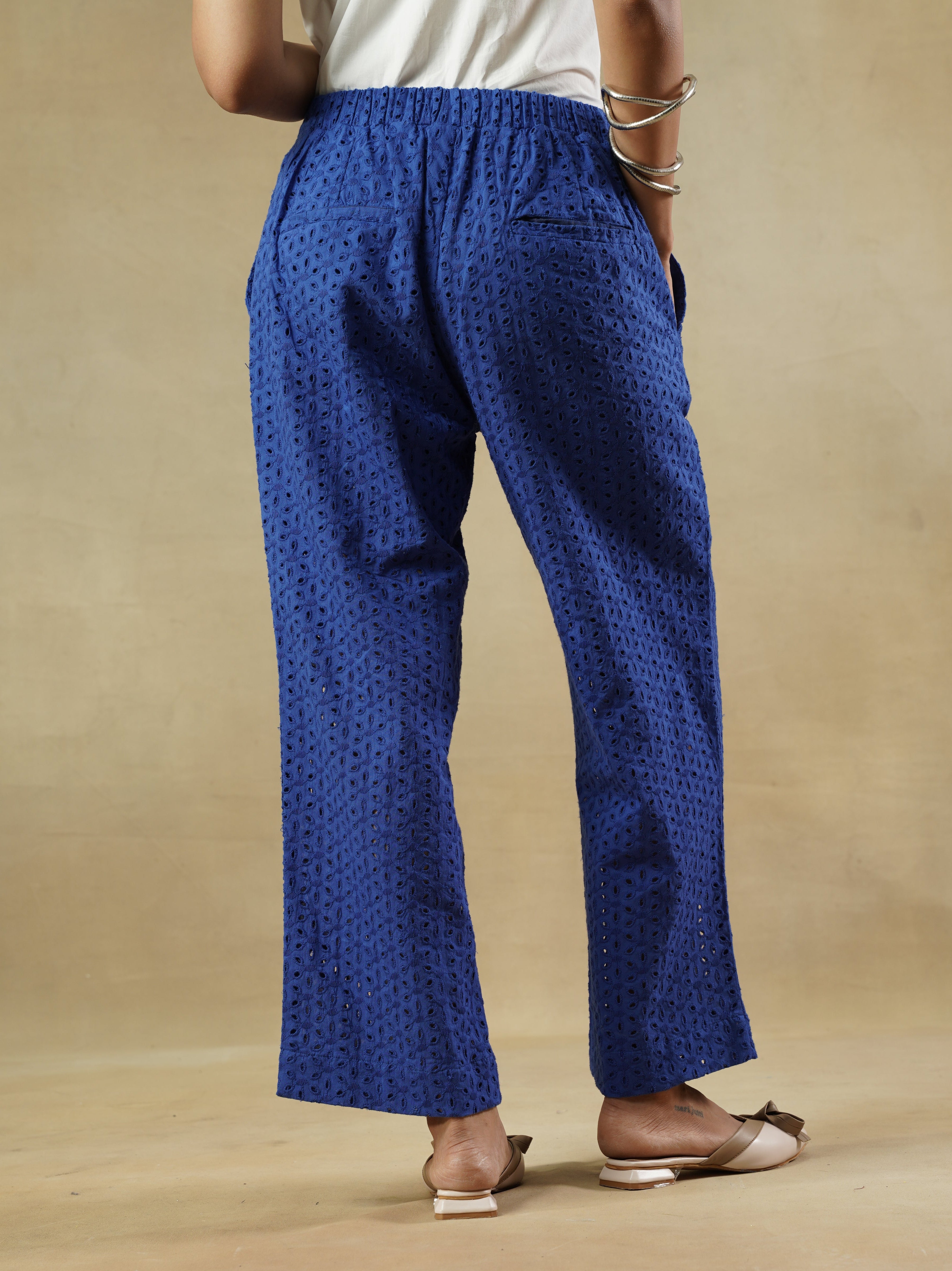Blue Cotton Schiffli Trousers with Relaxed Silhouette – Juliet