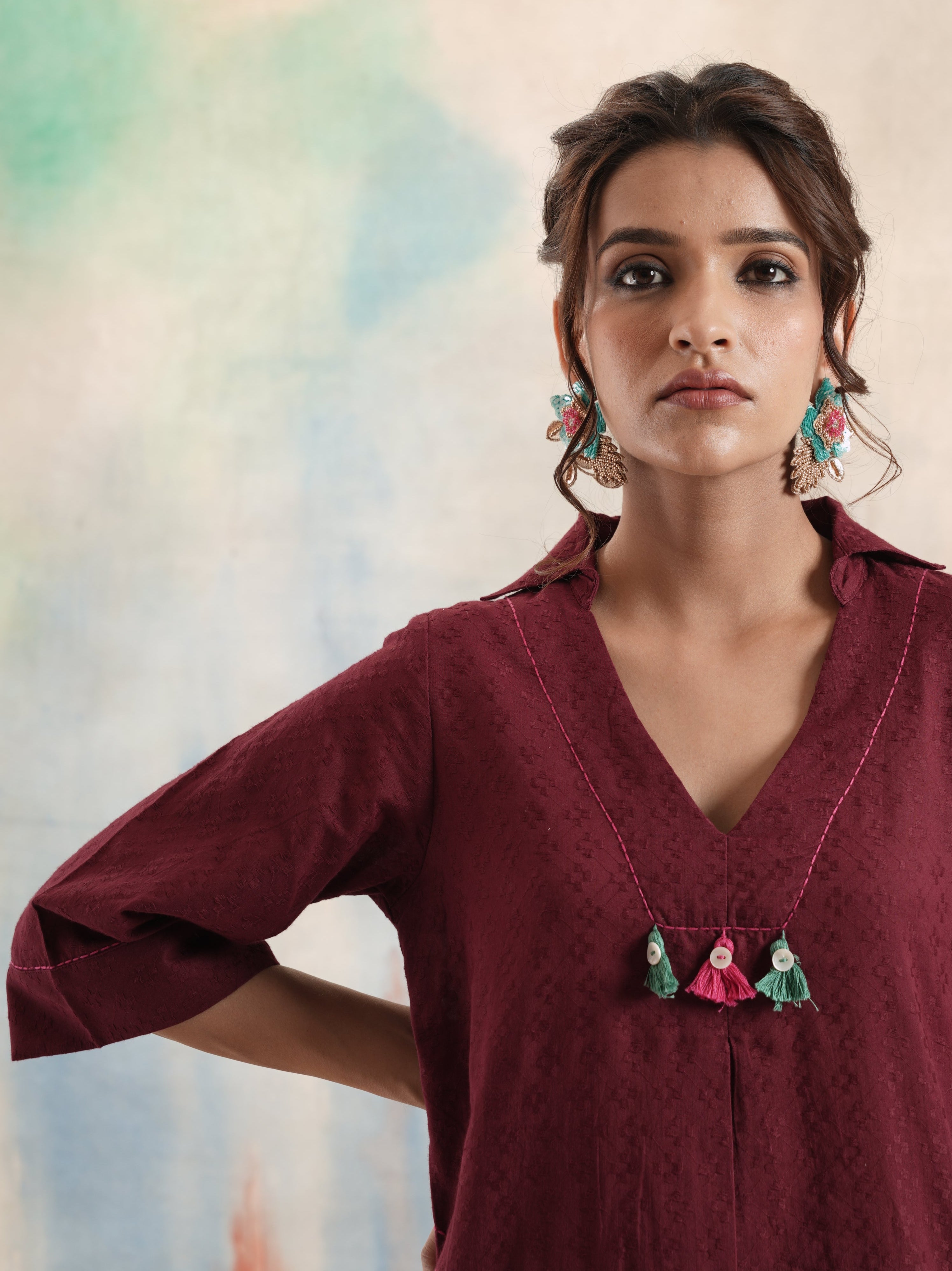Women's Maroon Embroidered Coord Set