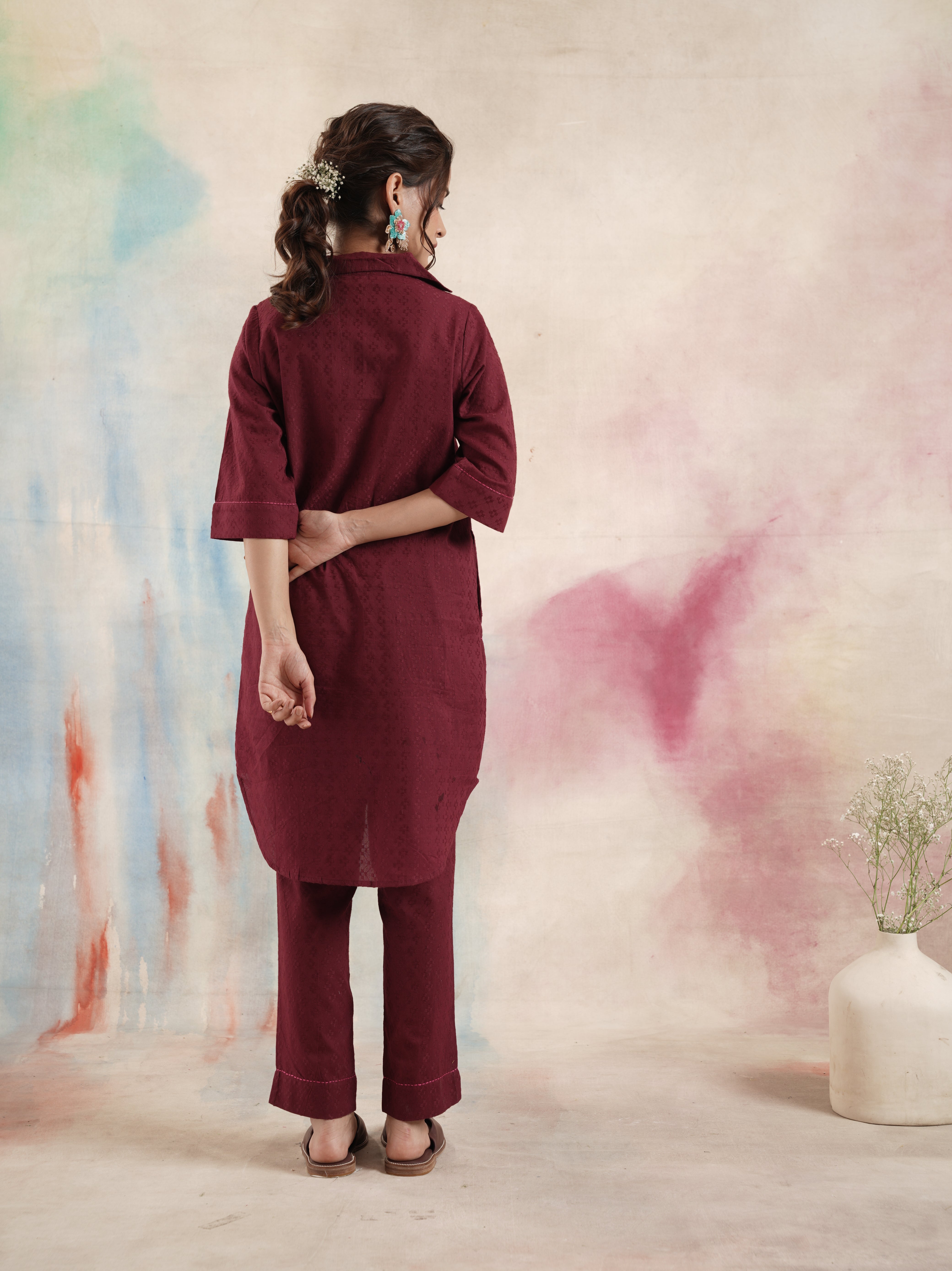 Women's Maroon Embroidered Coord Set