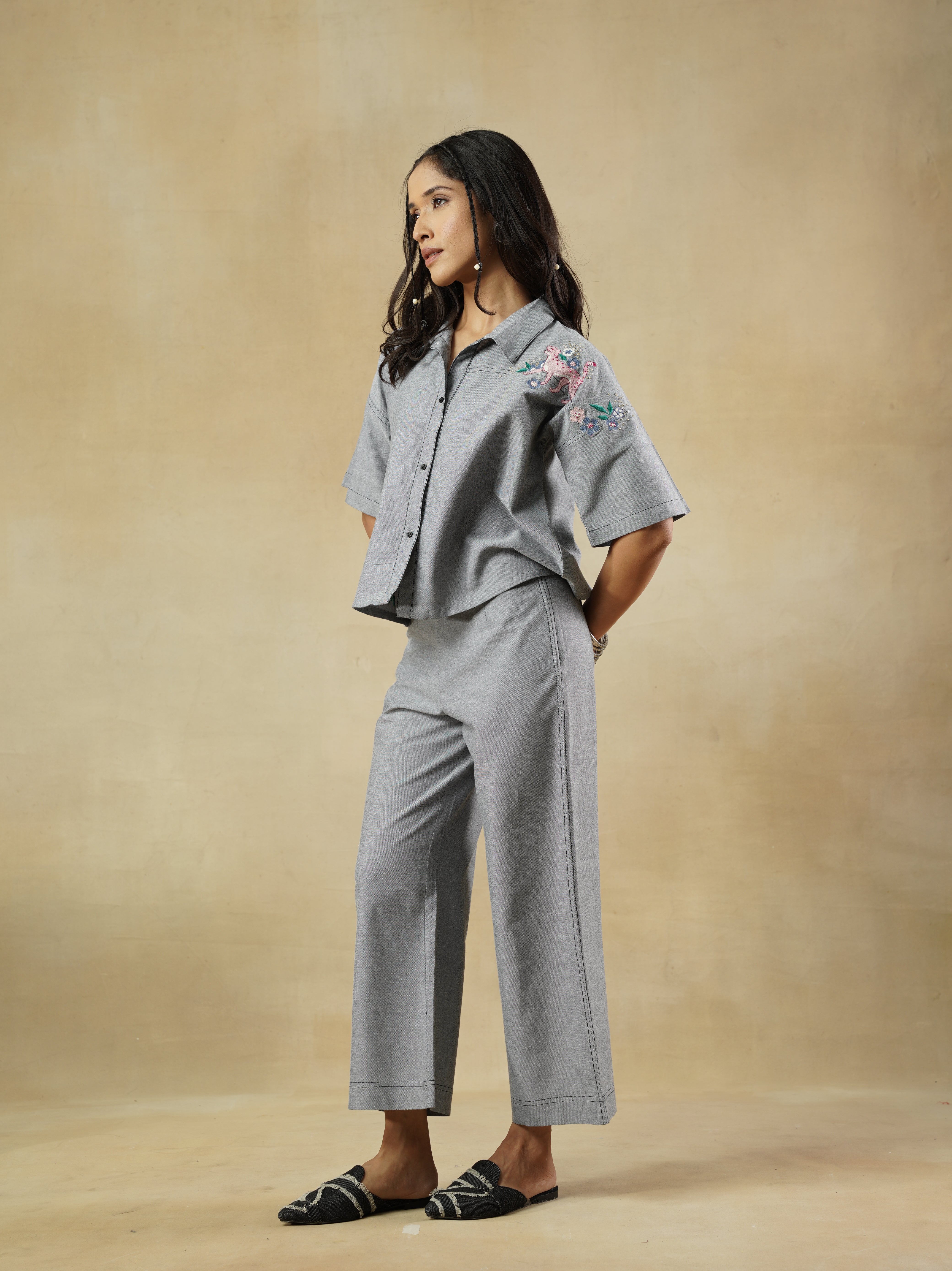Chambray Straight Fit Pants with Contrast Stitch