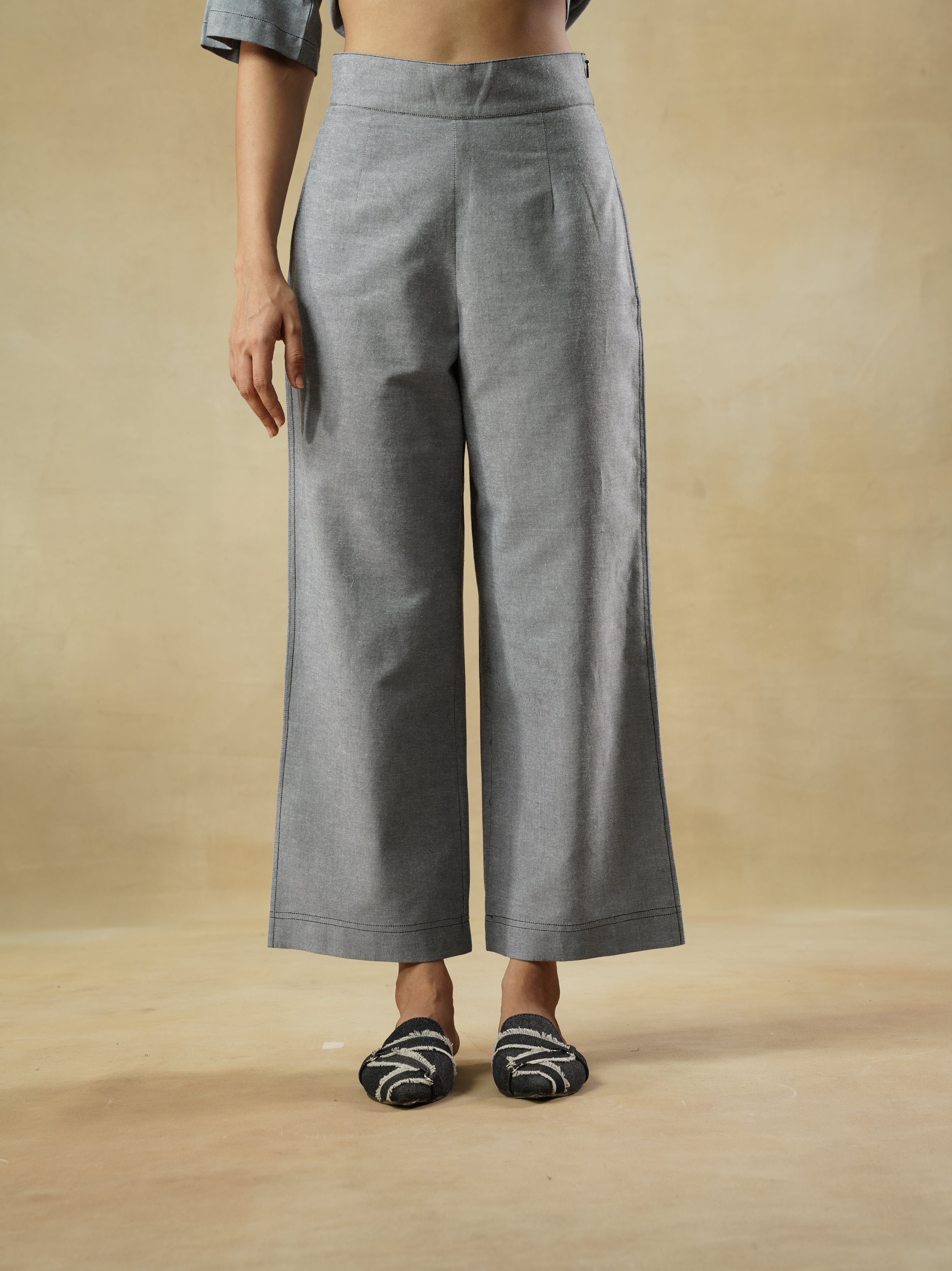 Chambray Straight Fit Pants with Contrast Stitch
