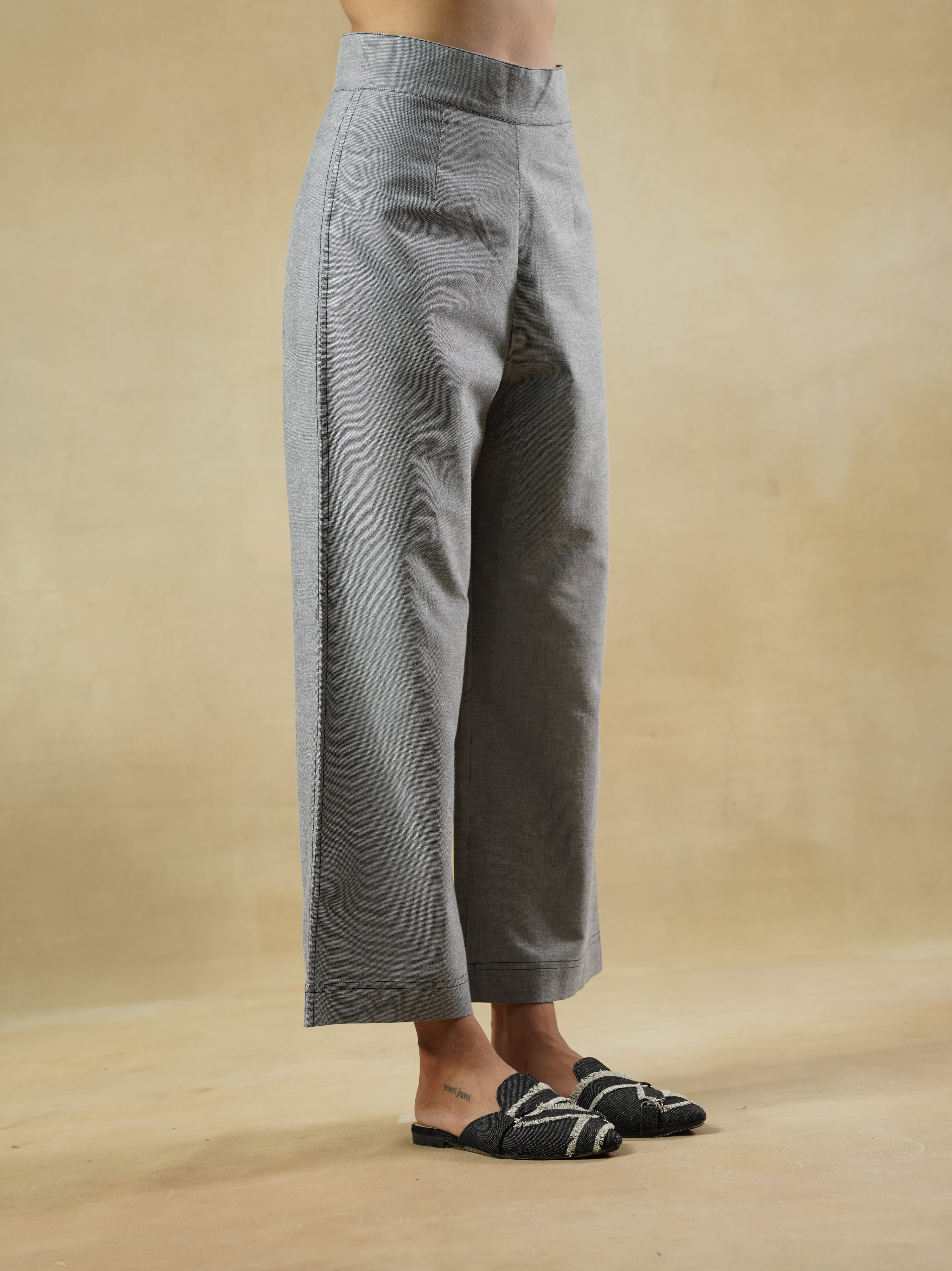 Chambray Straight Fit Pants with Contrast Stitch