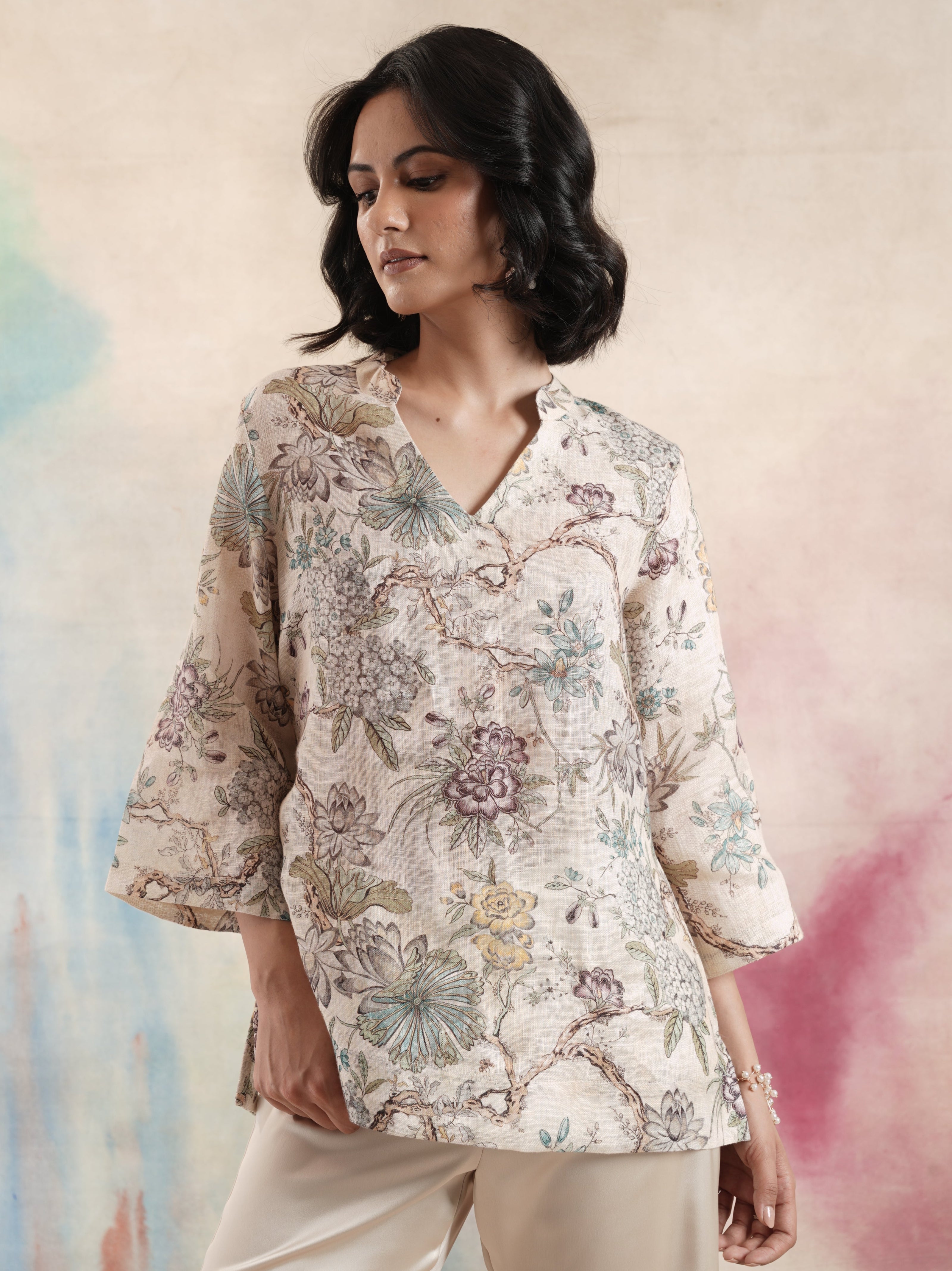 Women's Cream Floral Printed Linen Tunic
