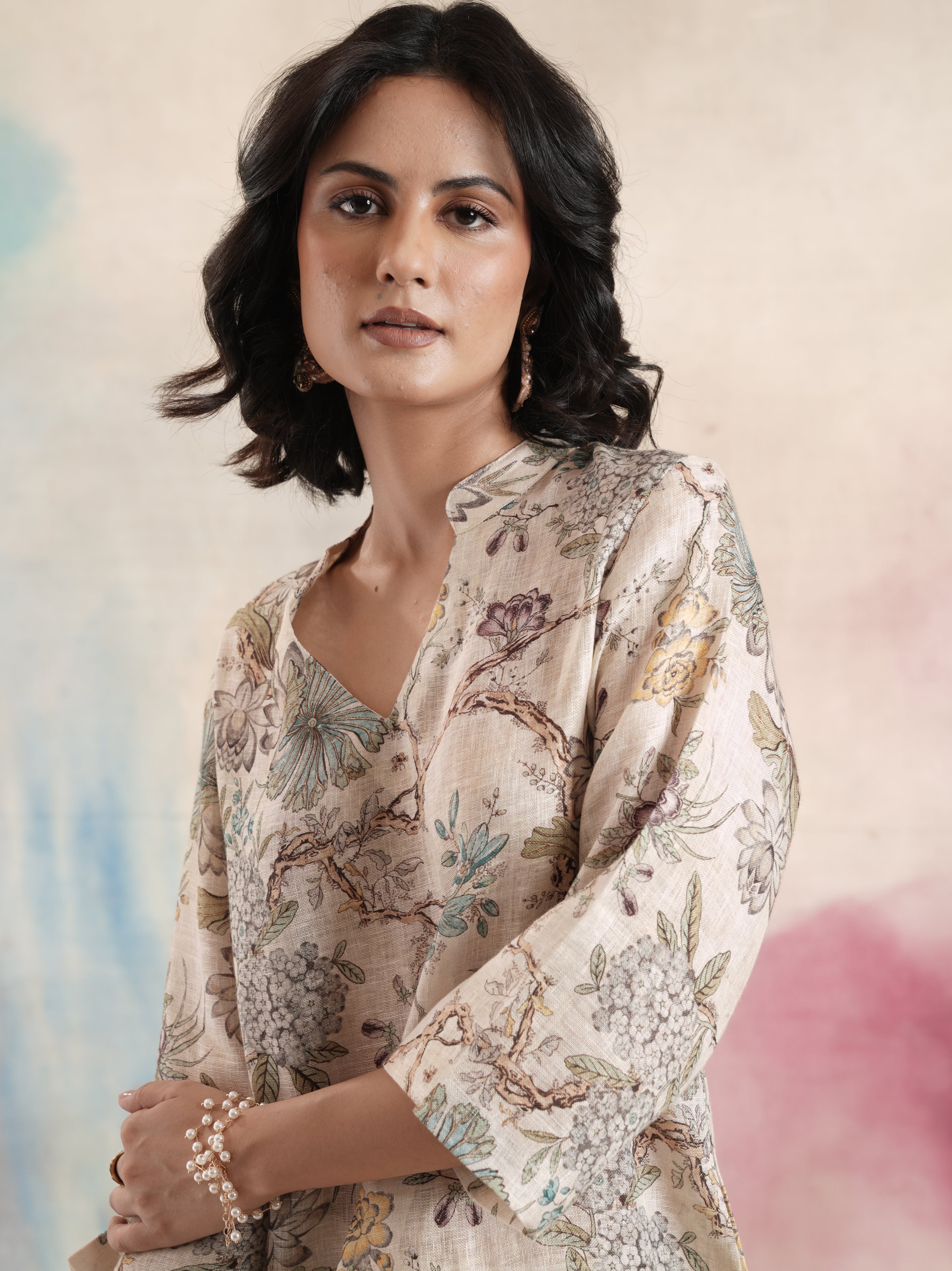 Women's Cream Floral Printed Linen Tunic