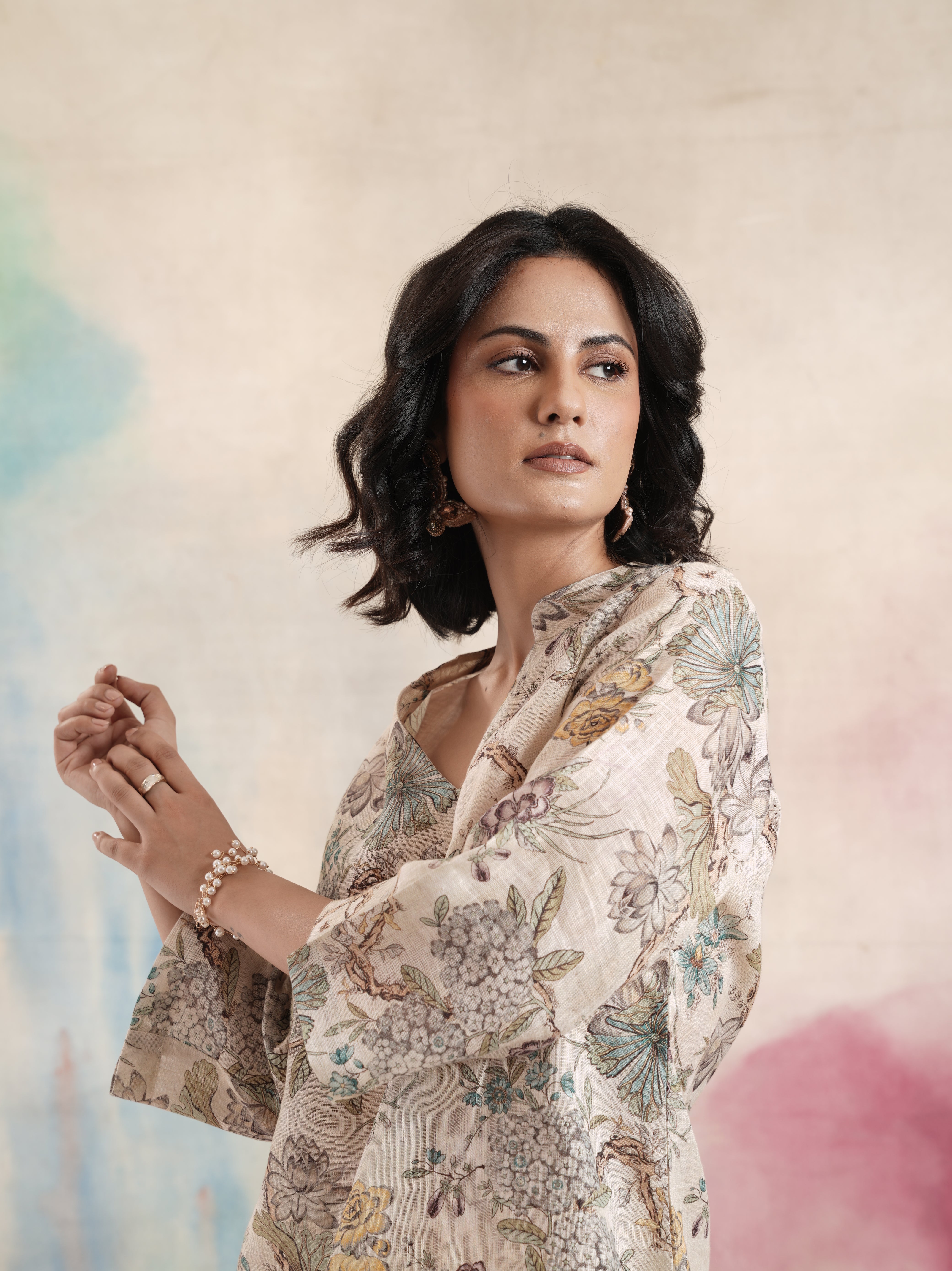 Women's Cream Floral Printed Linen Tunic