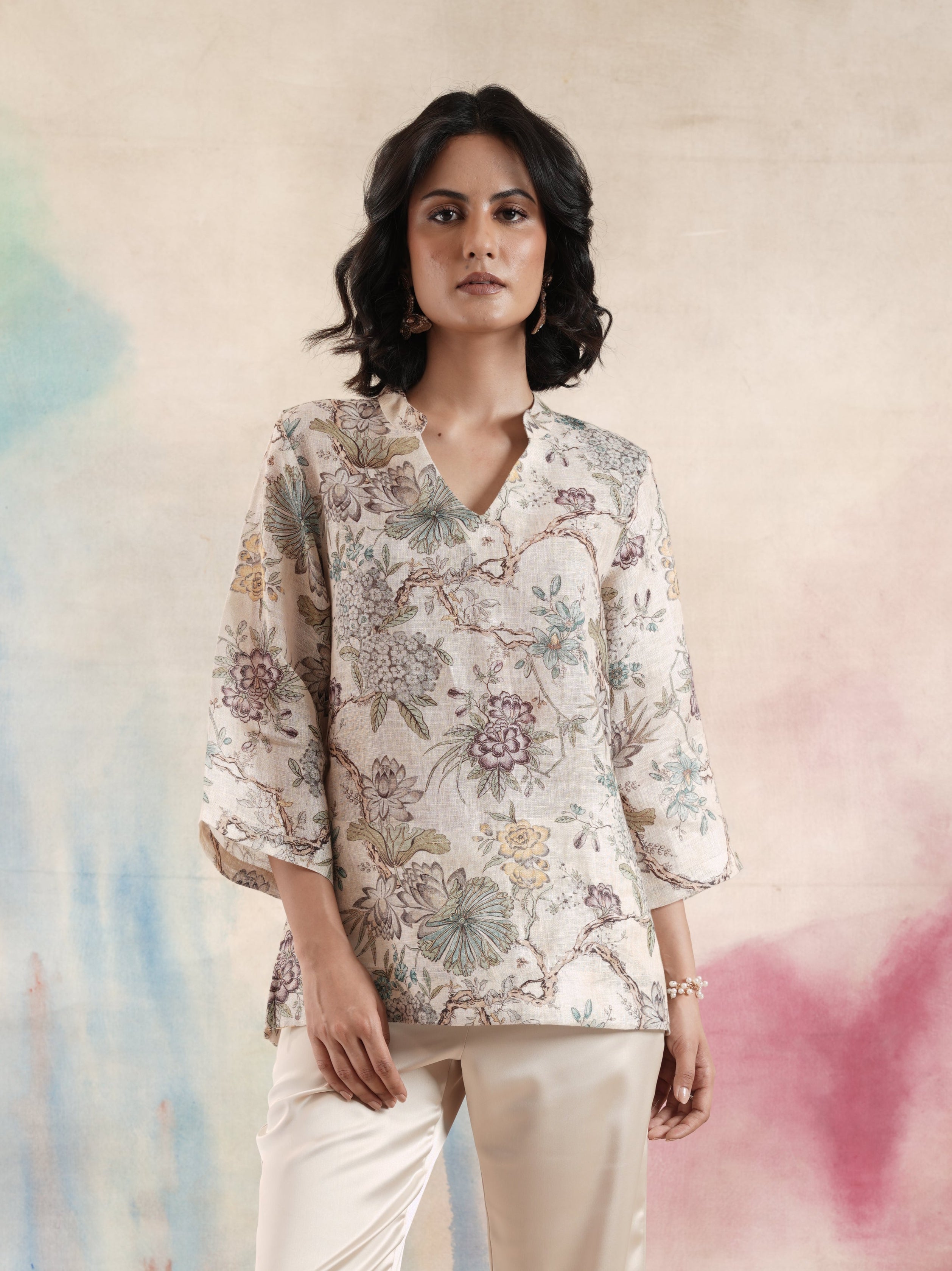 Women's Cream Floral Printed Linen Tunic