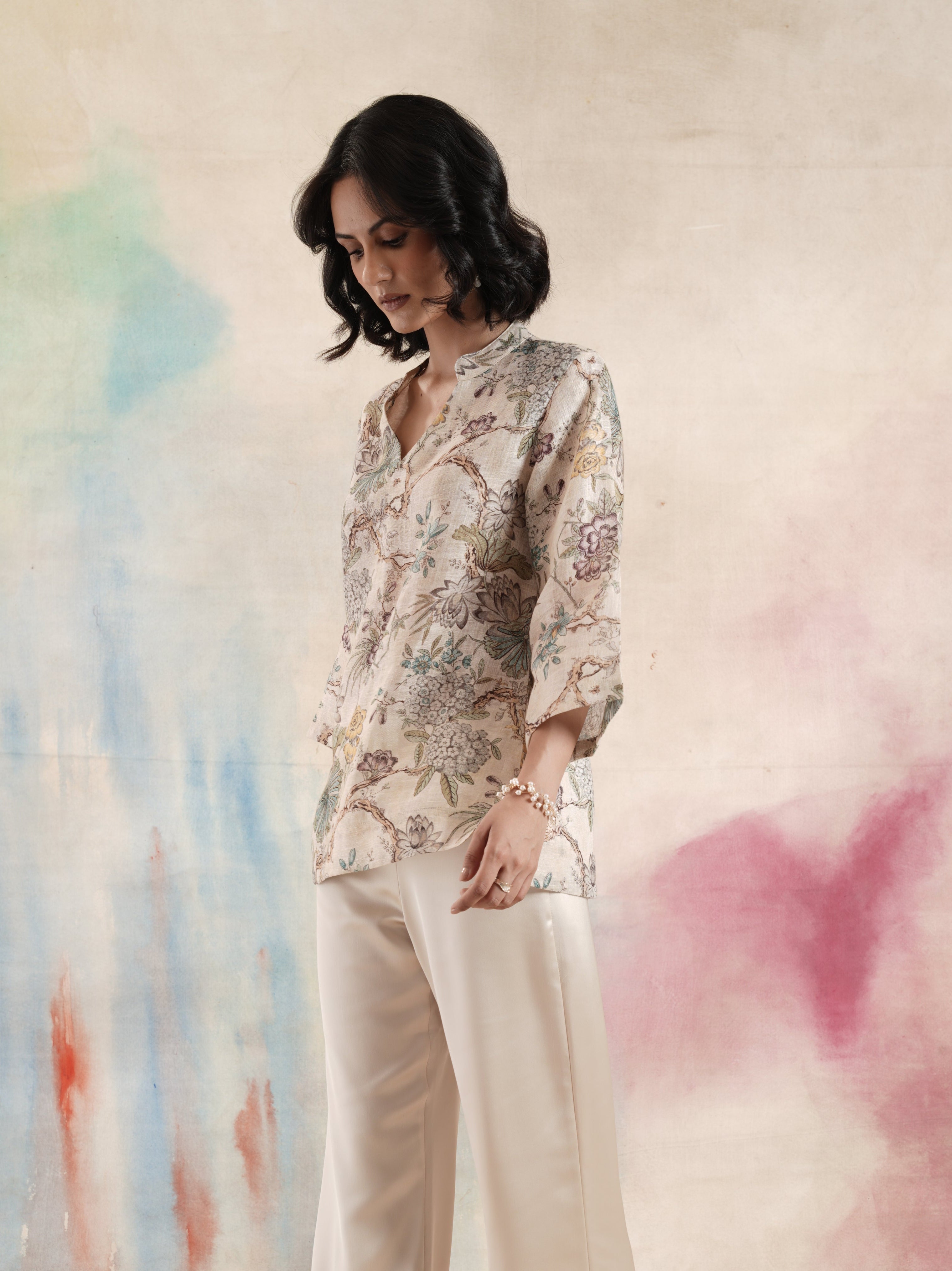 Women's Cream Floral Printed Linen Tunic