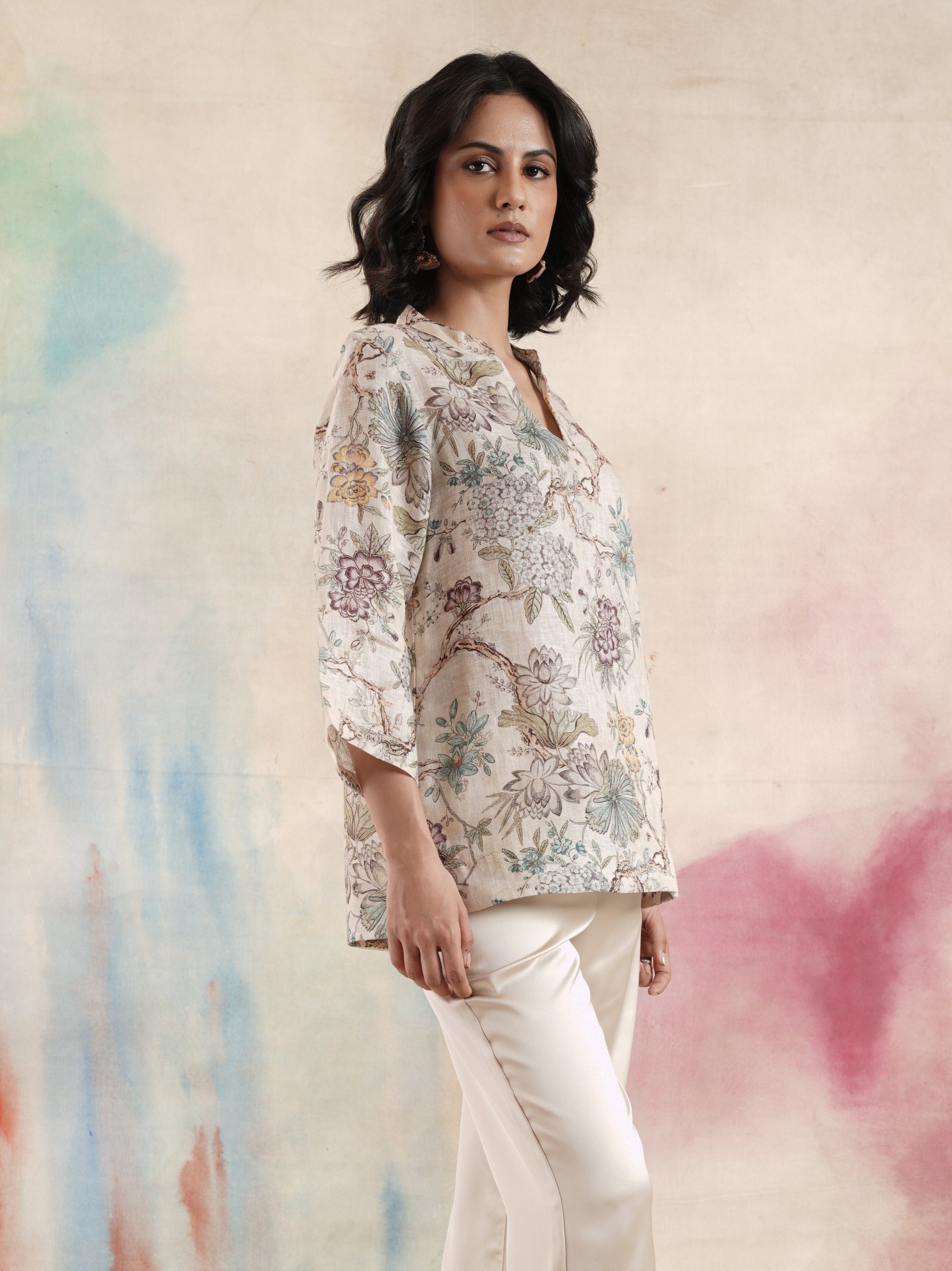 Women's Cream Floral Printed Linen Tunic
