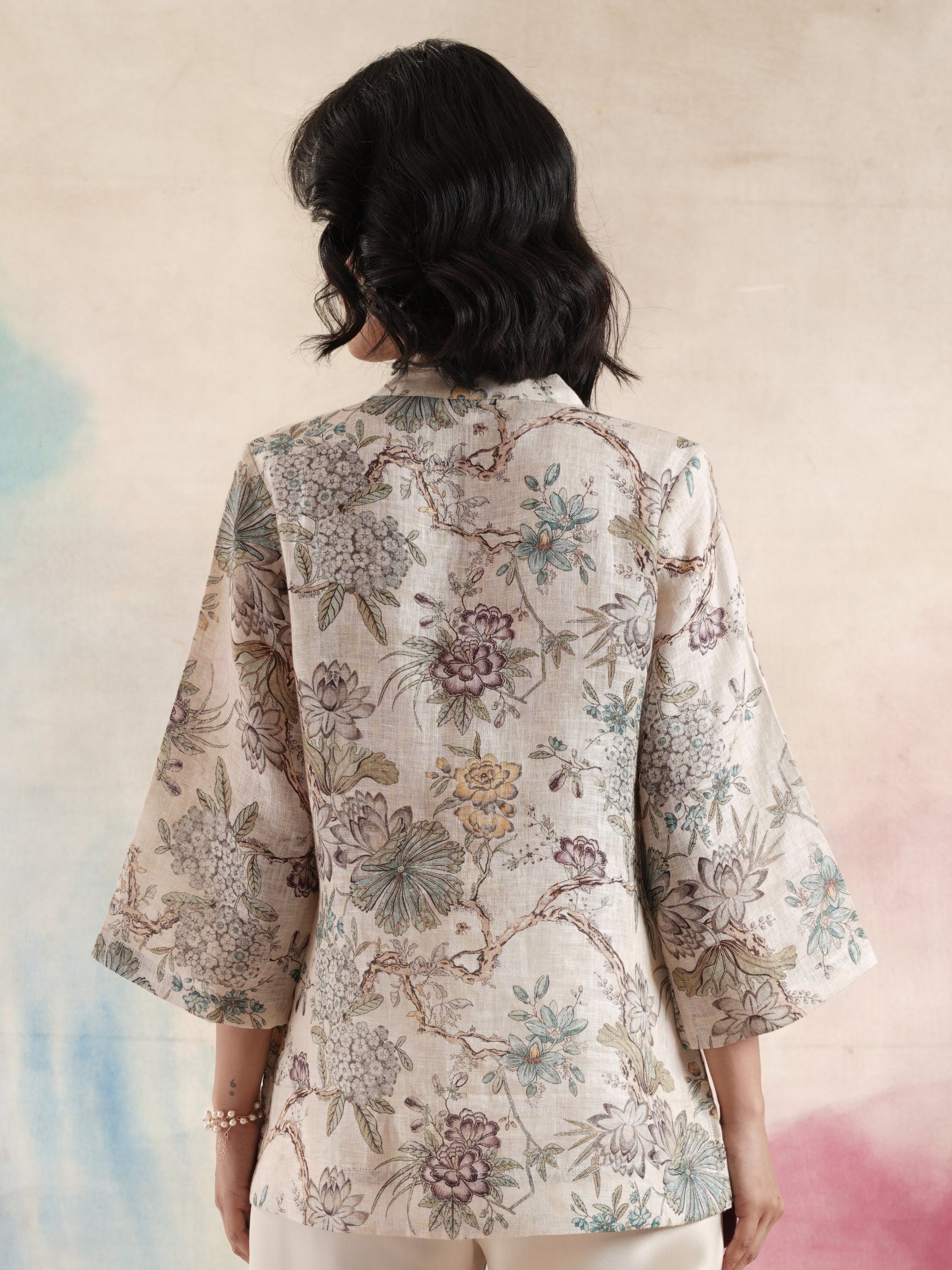 Women's Cream Floral Printed Linen Tunic