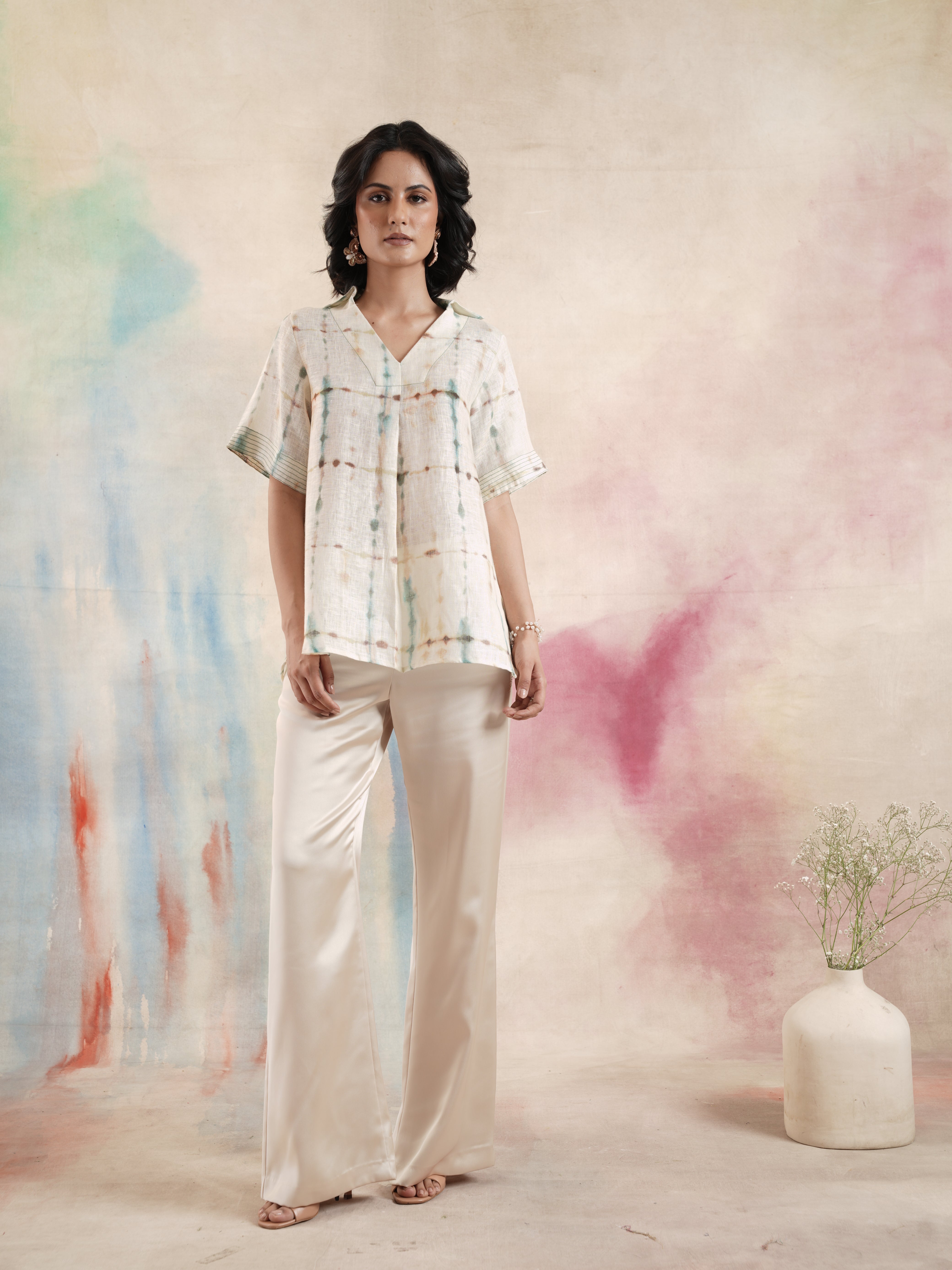 Women's Cream Printed Linen Tunic