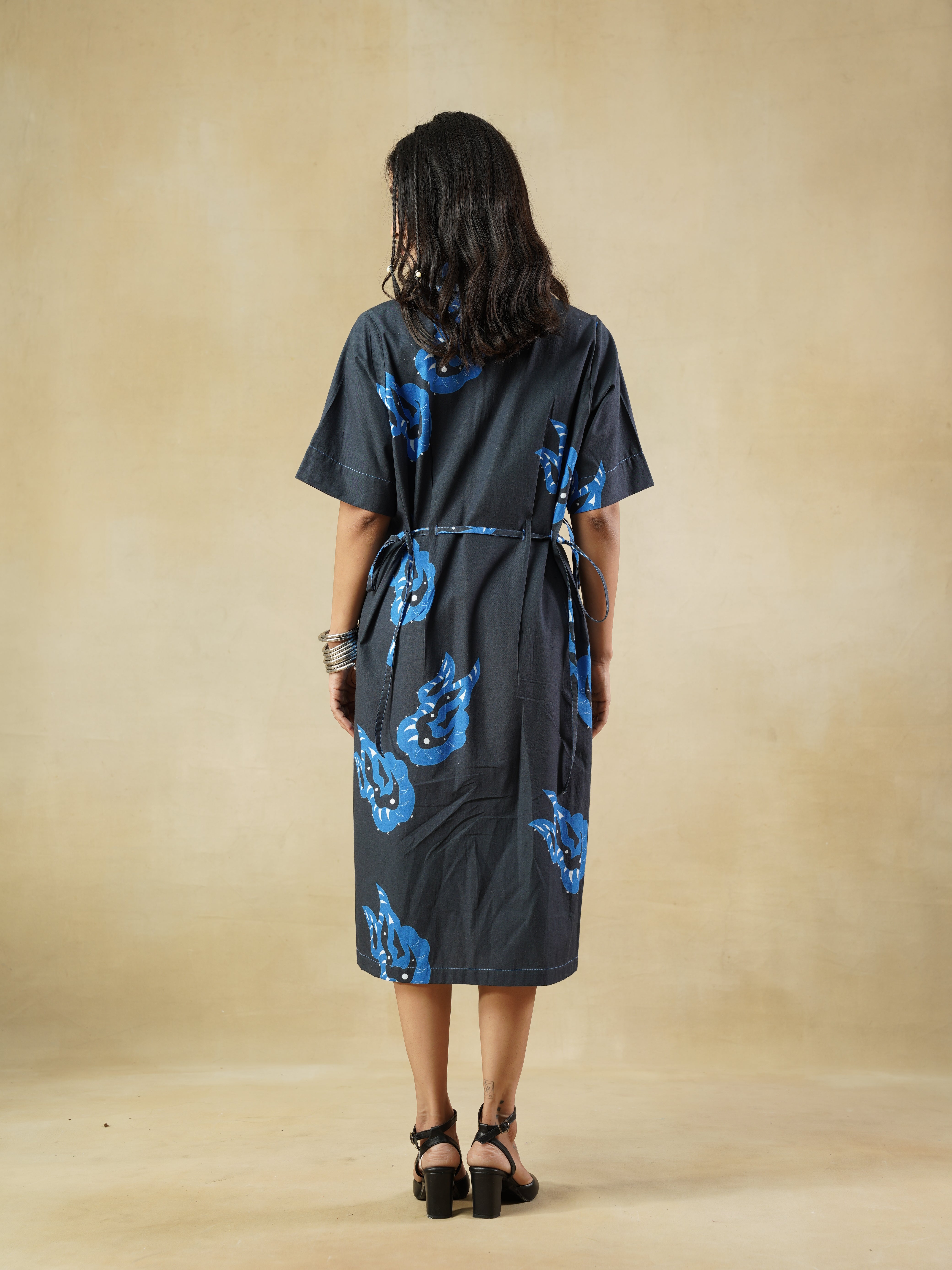 Dark Navy Printed Shirt Dress with abstract Motifs