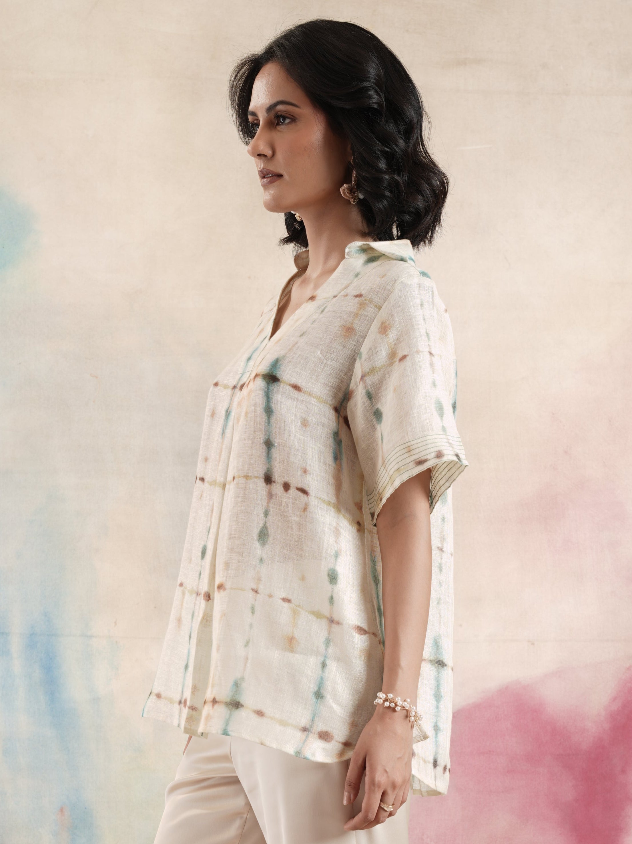 Women's Cream Printed Linen Tunic