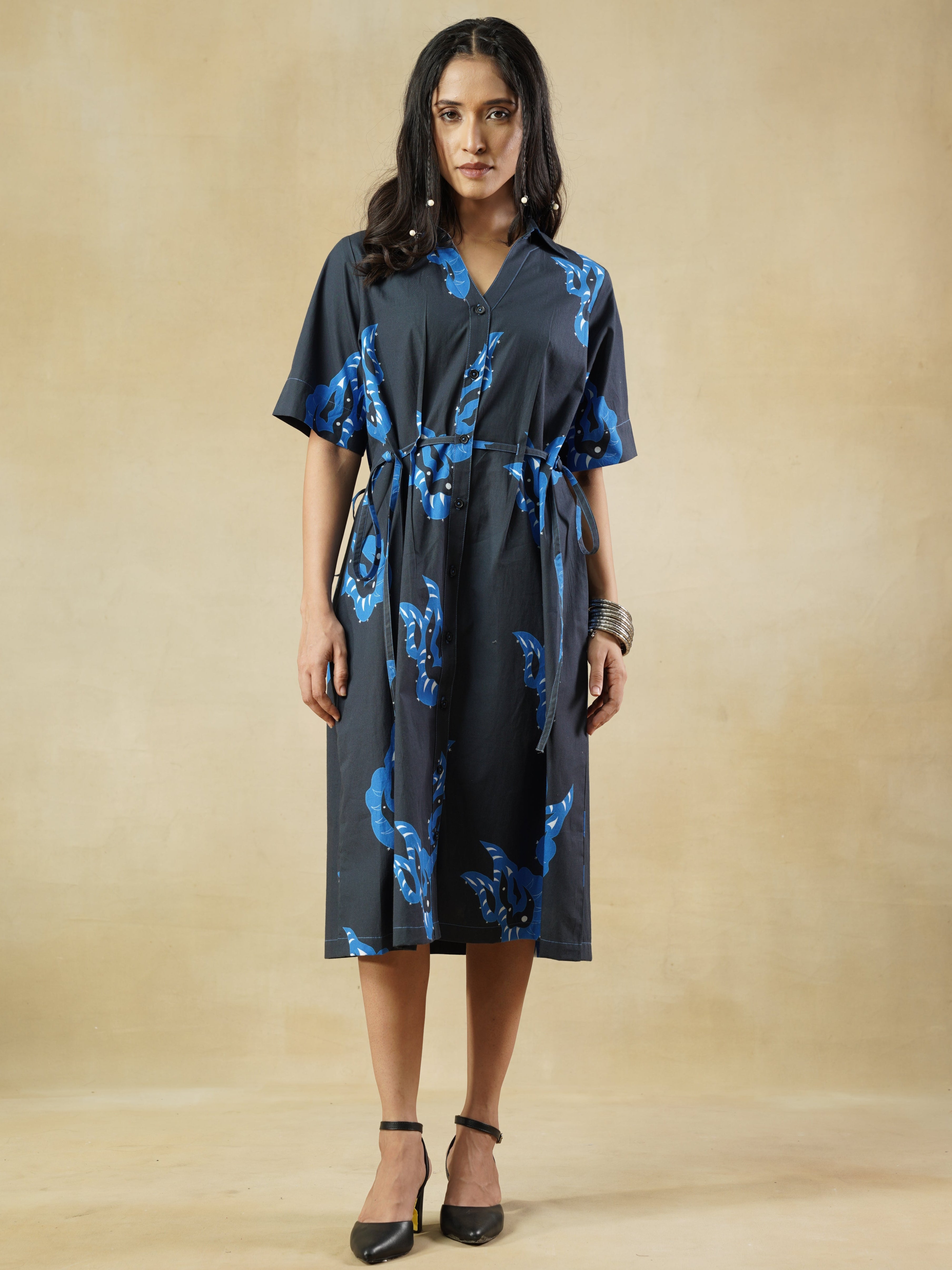 Dark Navy Printed Shirt Dress with abstract Motifs
