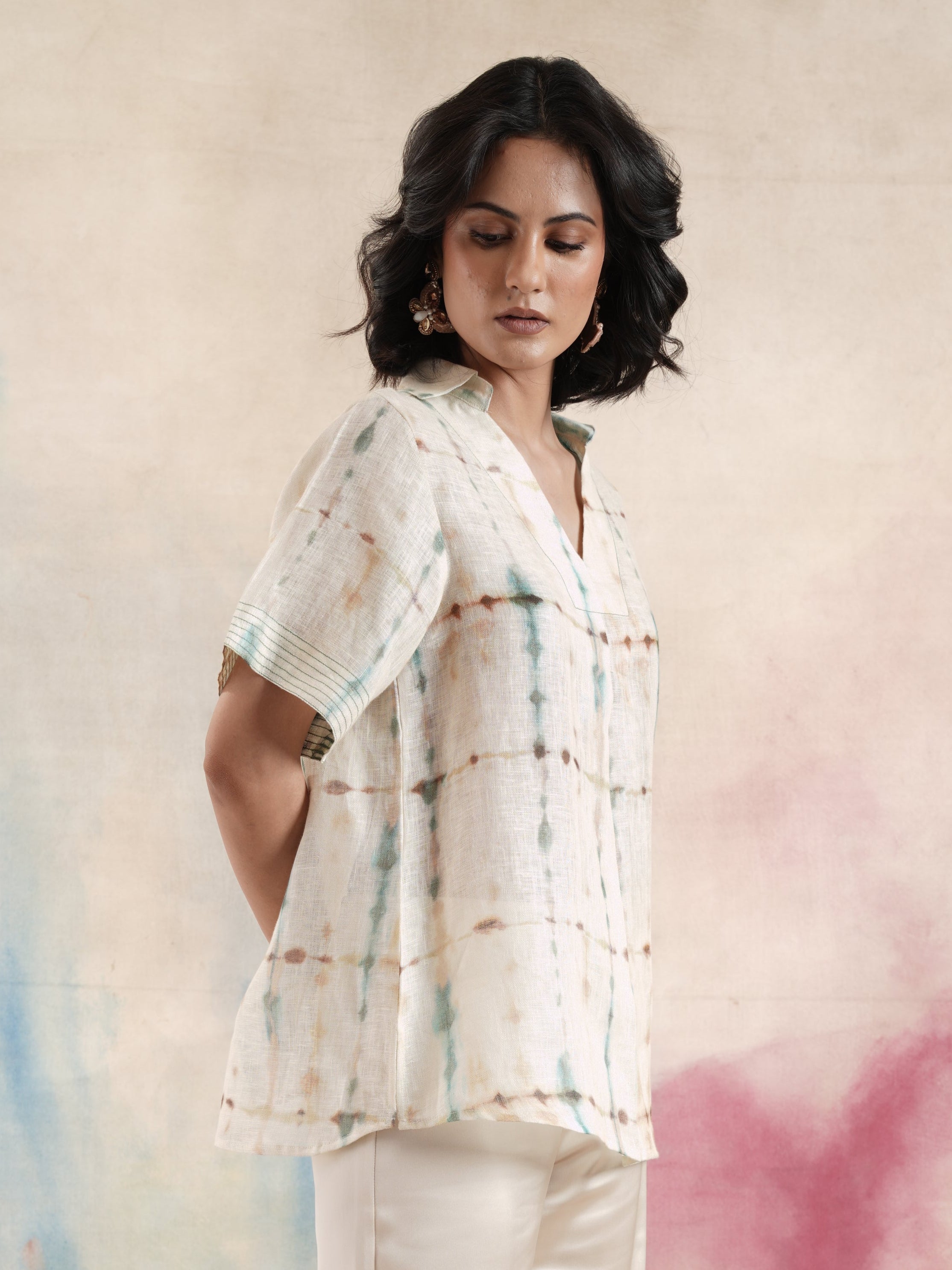 Women's Cream Printed Linen Tunic