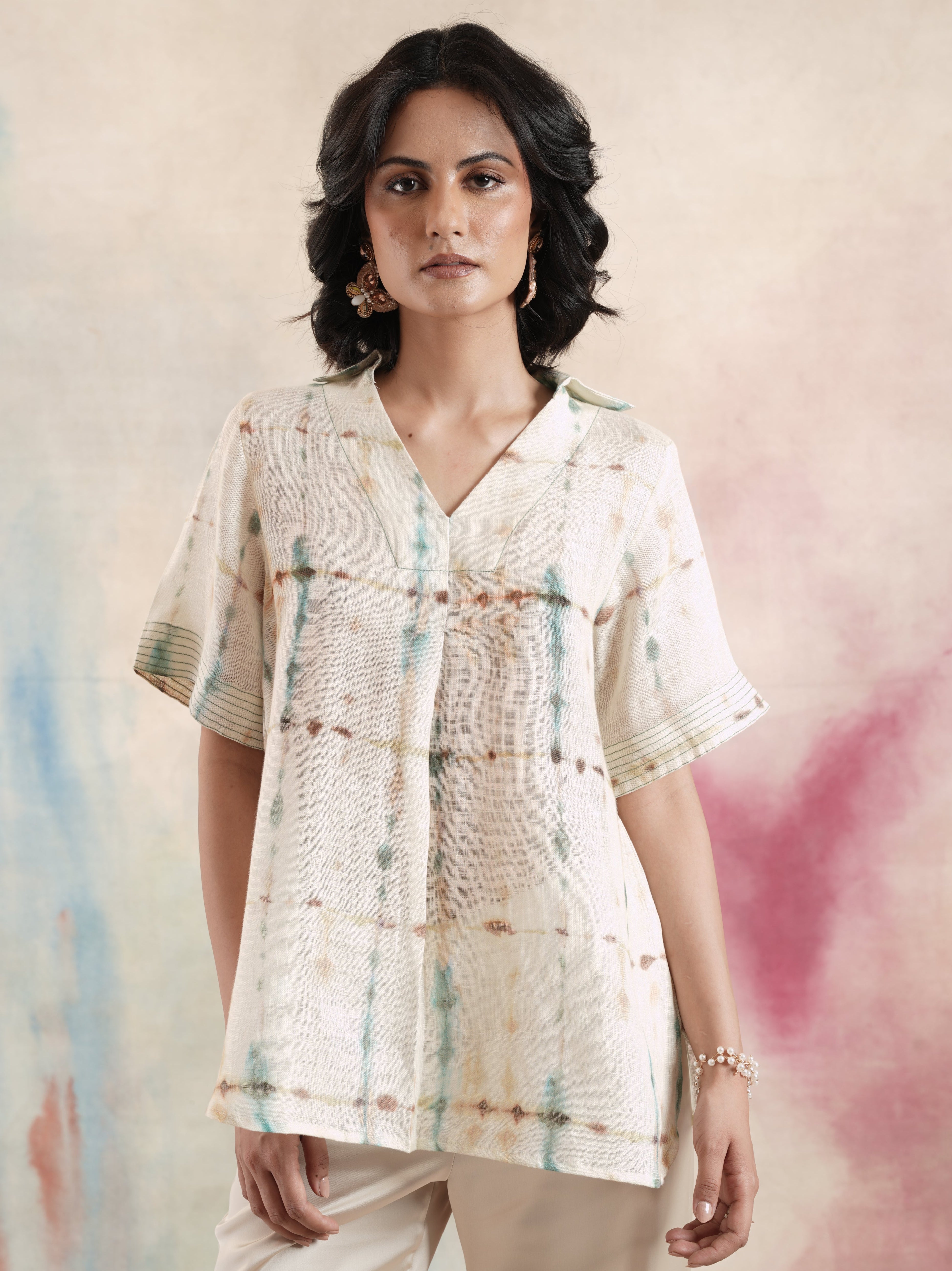 Women's Cream Printed Linen Tunic