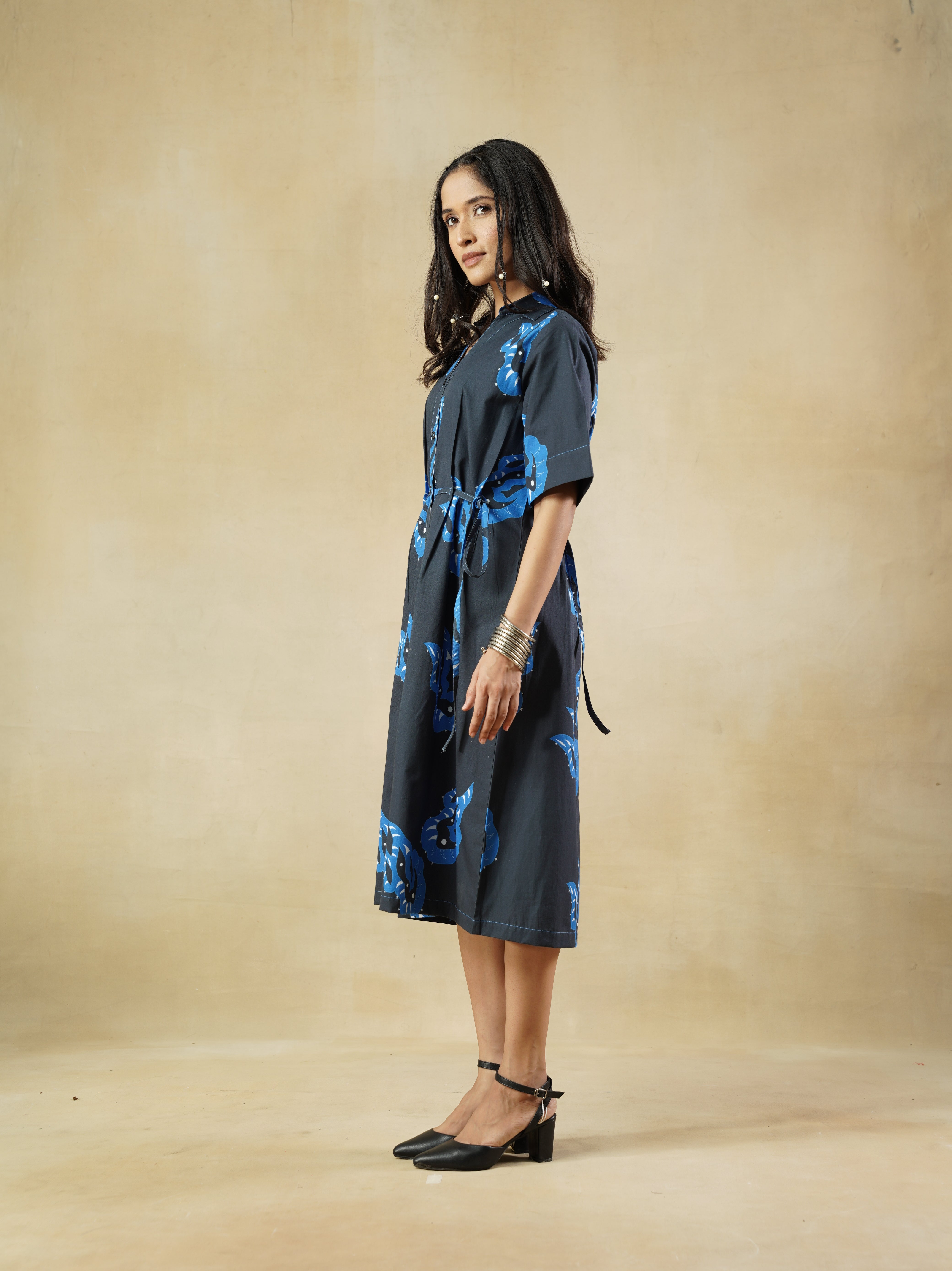 Dark Navy Printed Shirt Dress with abstract Motifs