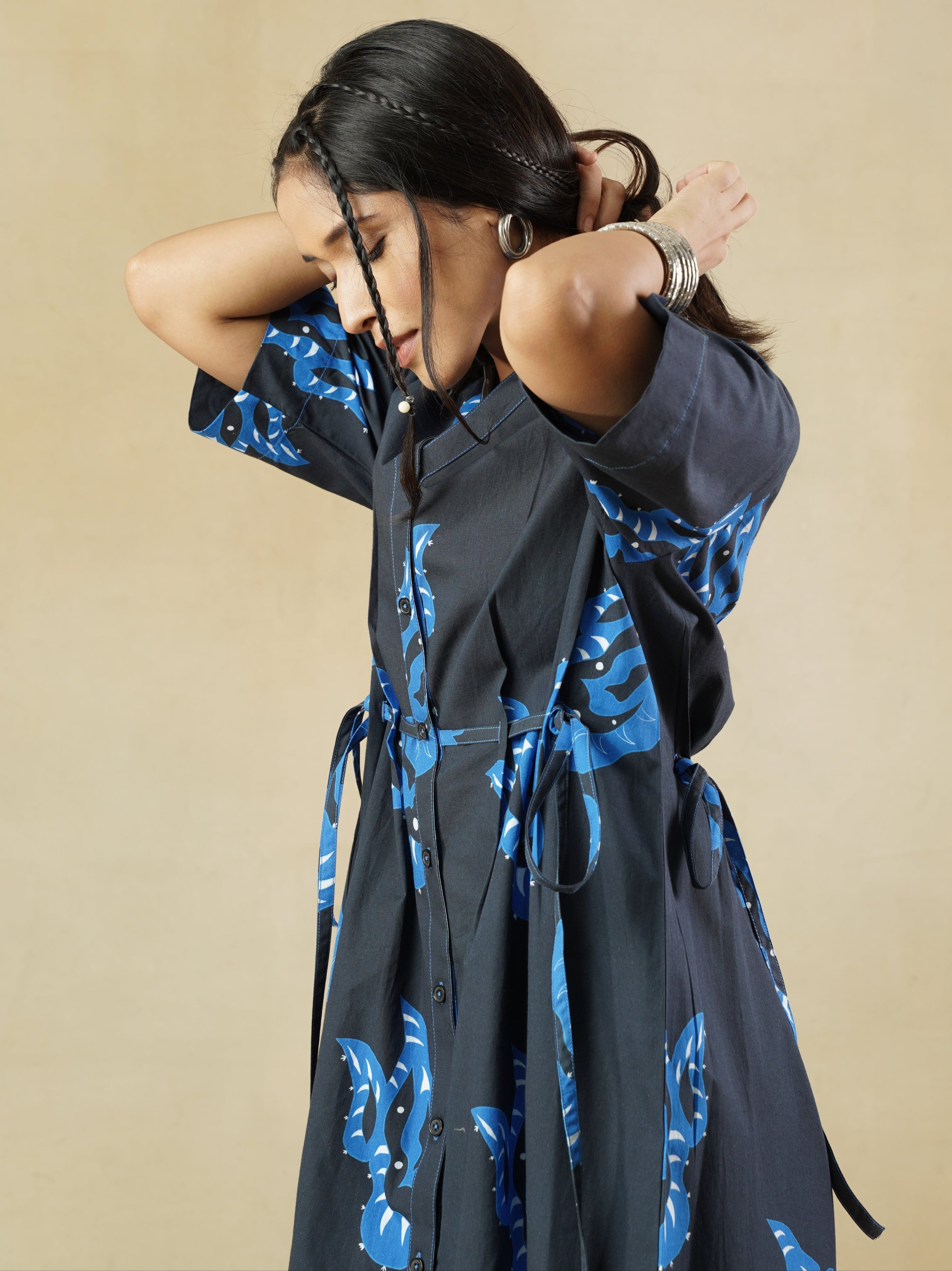 Dark Navy Printed Shirt Dress with abstract Motifs