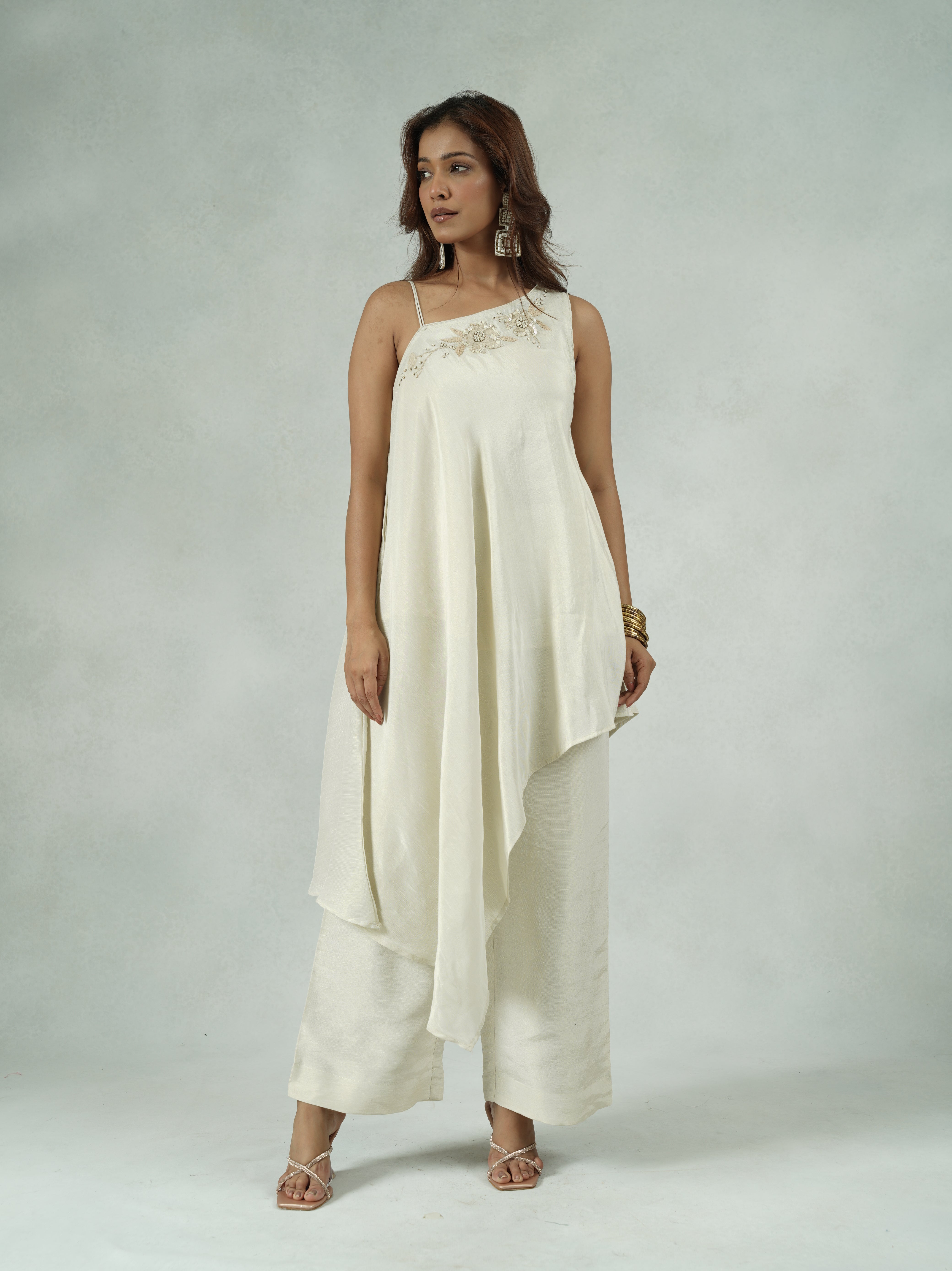 Off-White Linen Asymmetric Co-ord Set with Embroidery