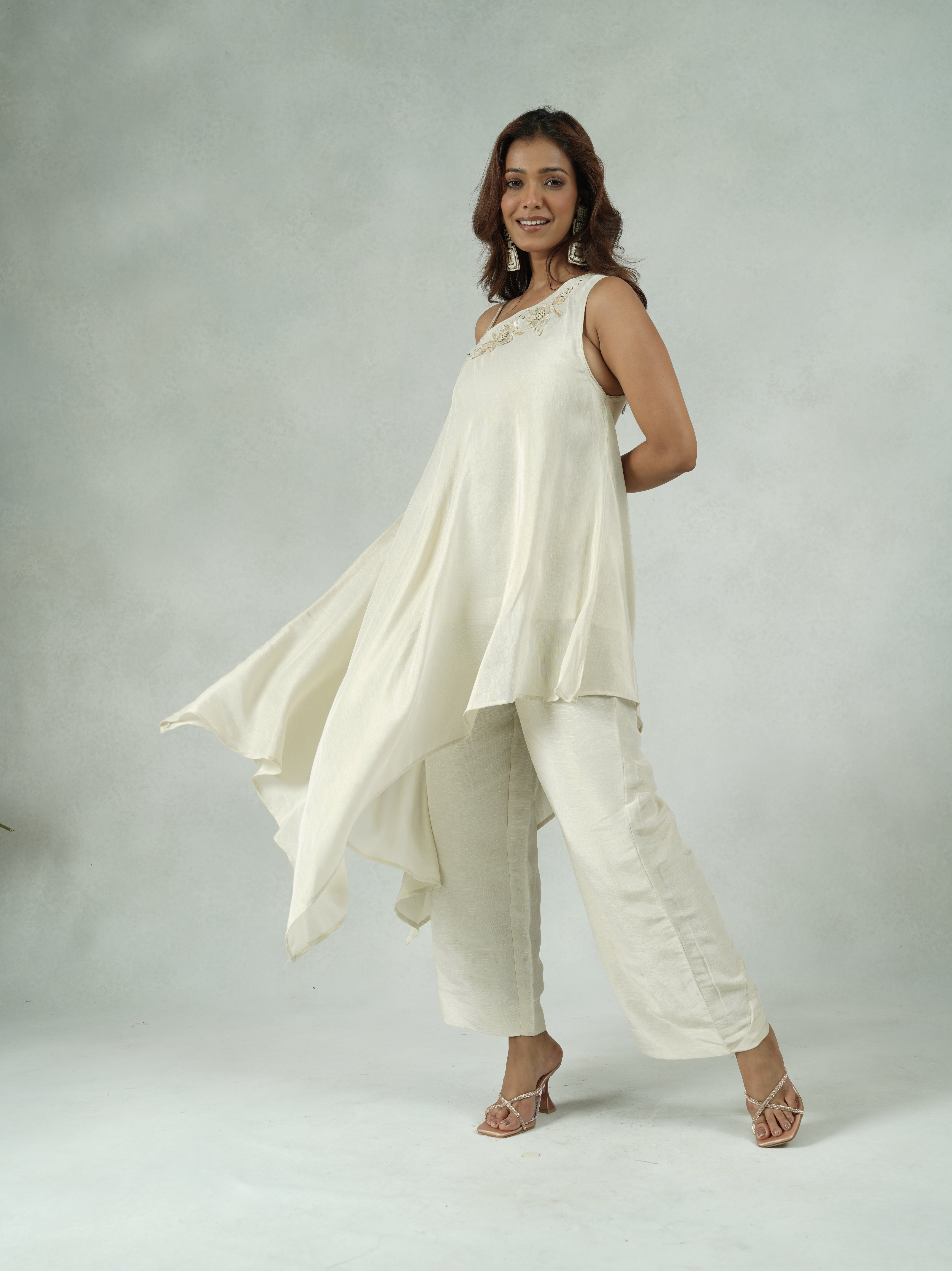 Off-White Linen Asymmetric Co-ord Set with Embroidery