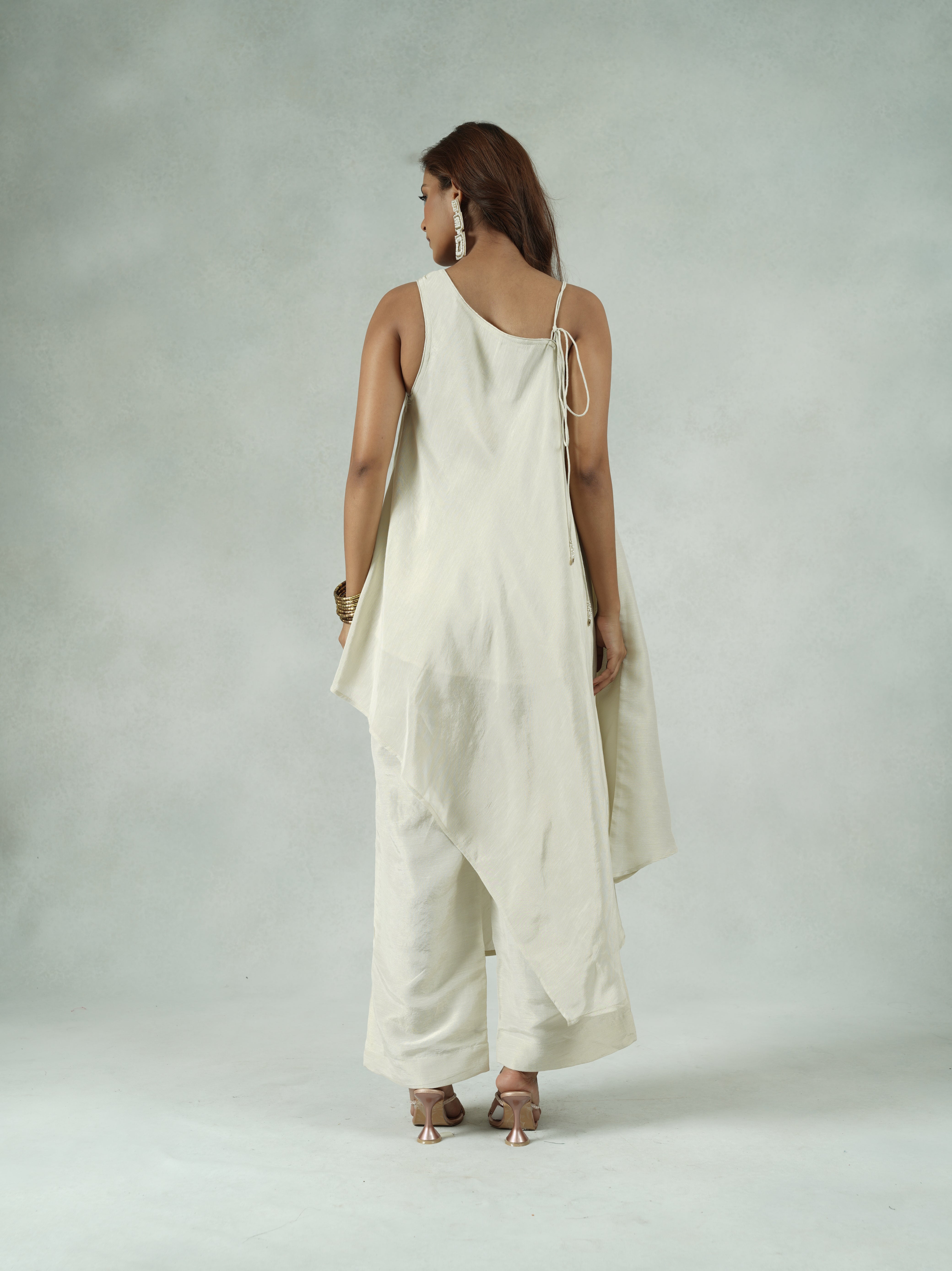Off-White Linen Asymmetric Co-ord Set with Embroidery