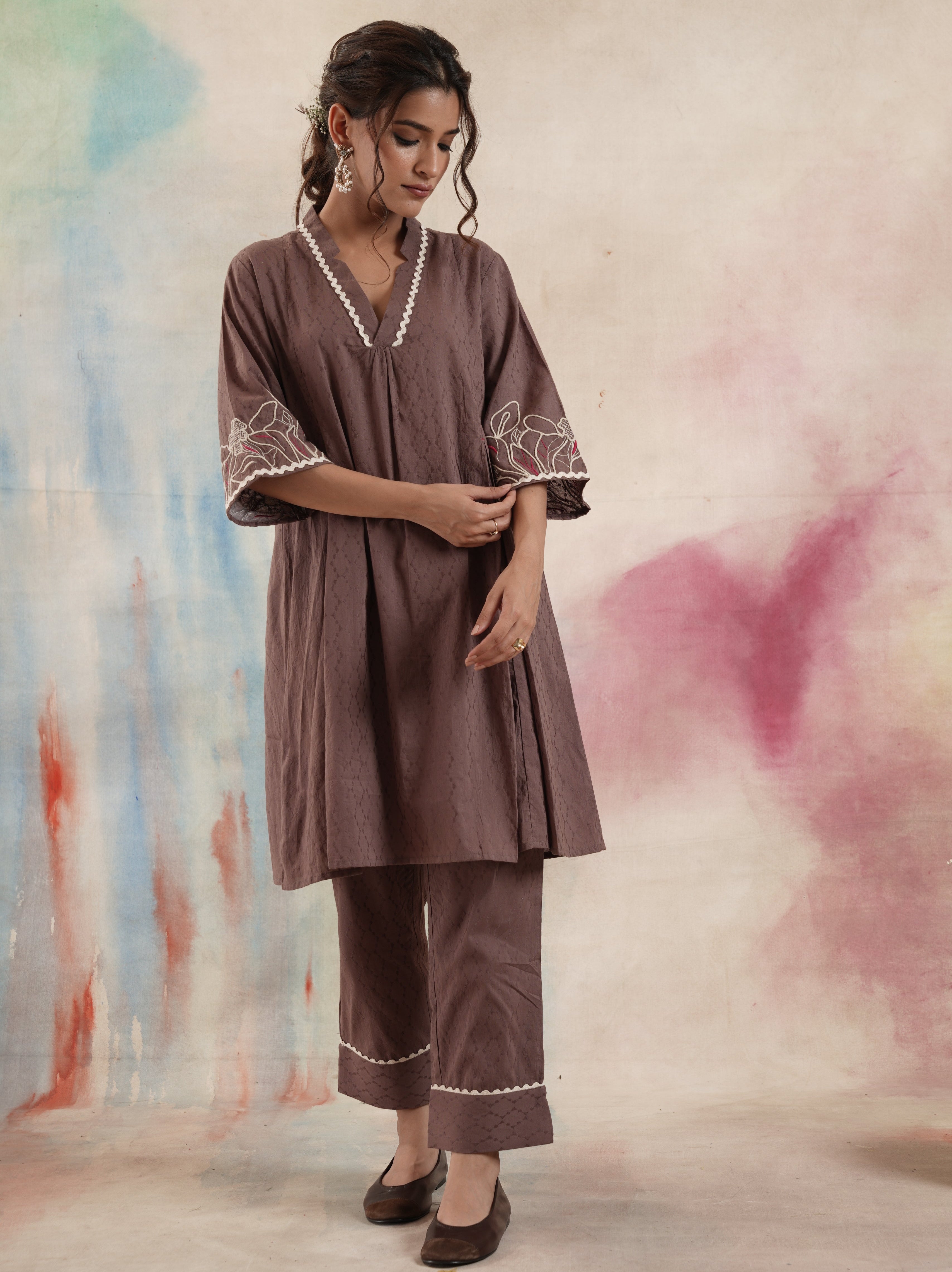 Women's Brown Embroidered Coord Set
