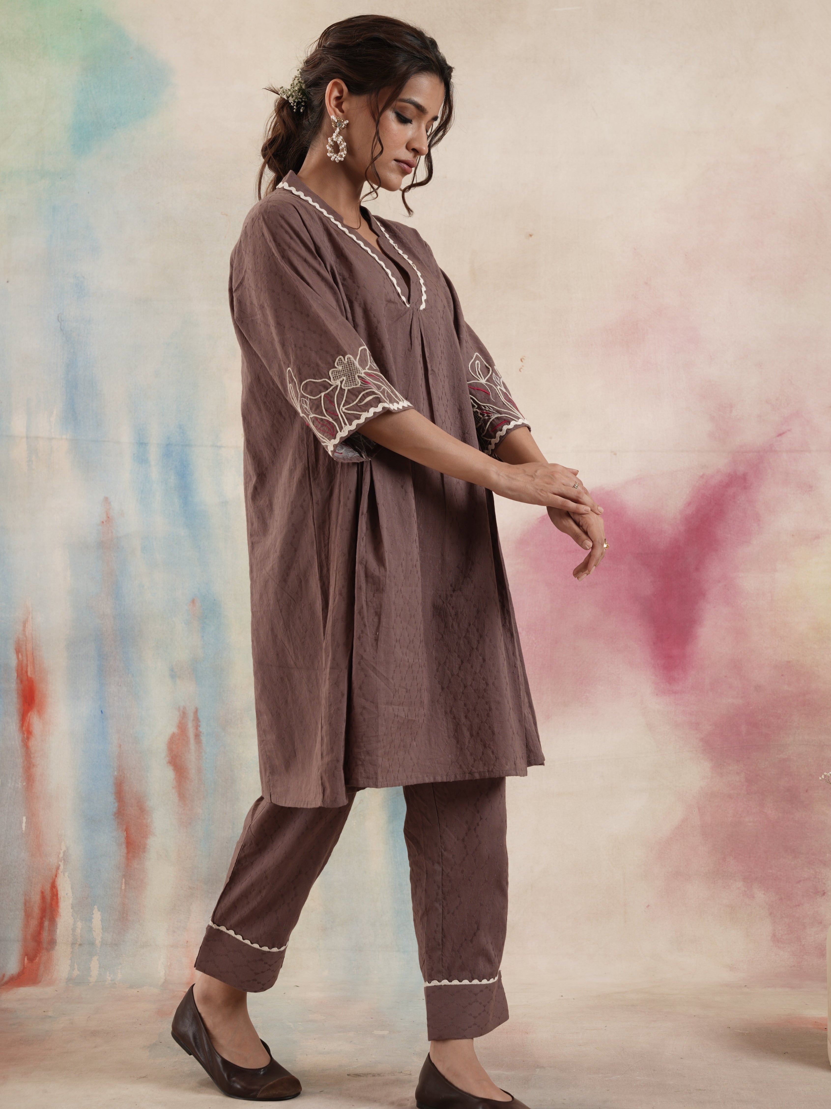 Women's Brown Embroidered Coord Set