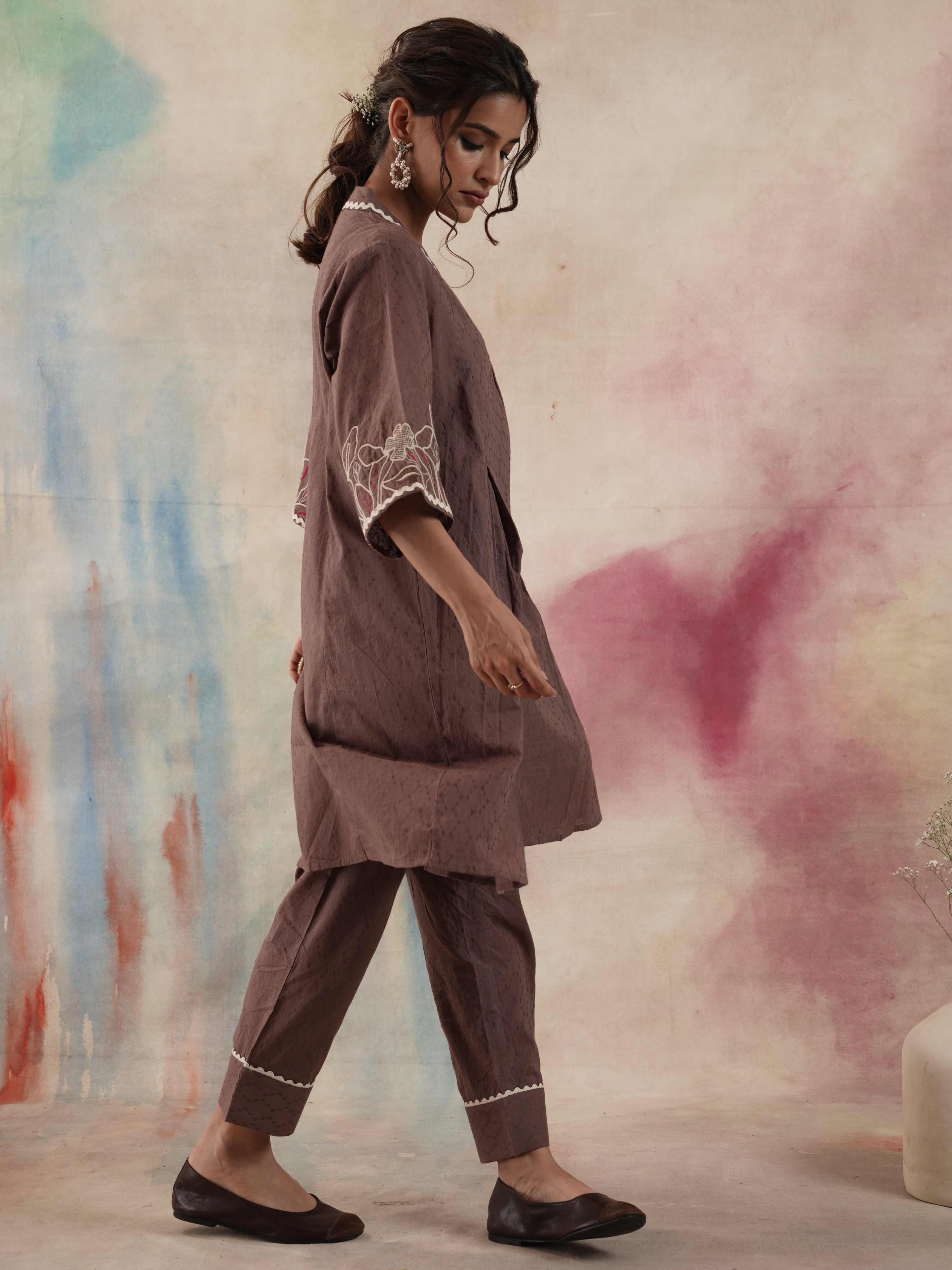 Women's Brown Embroidered Coord Set