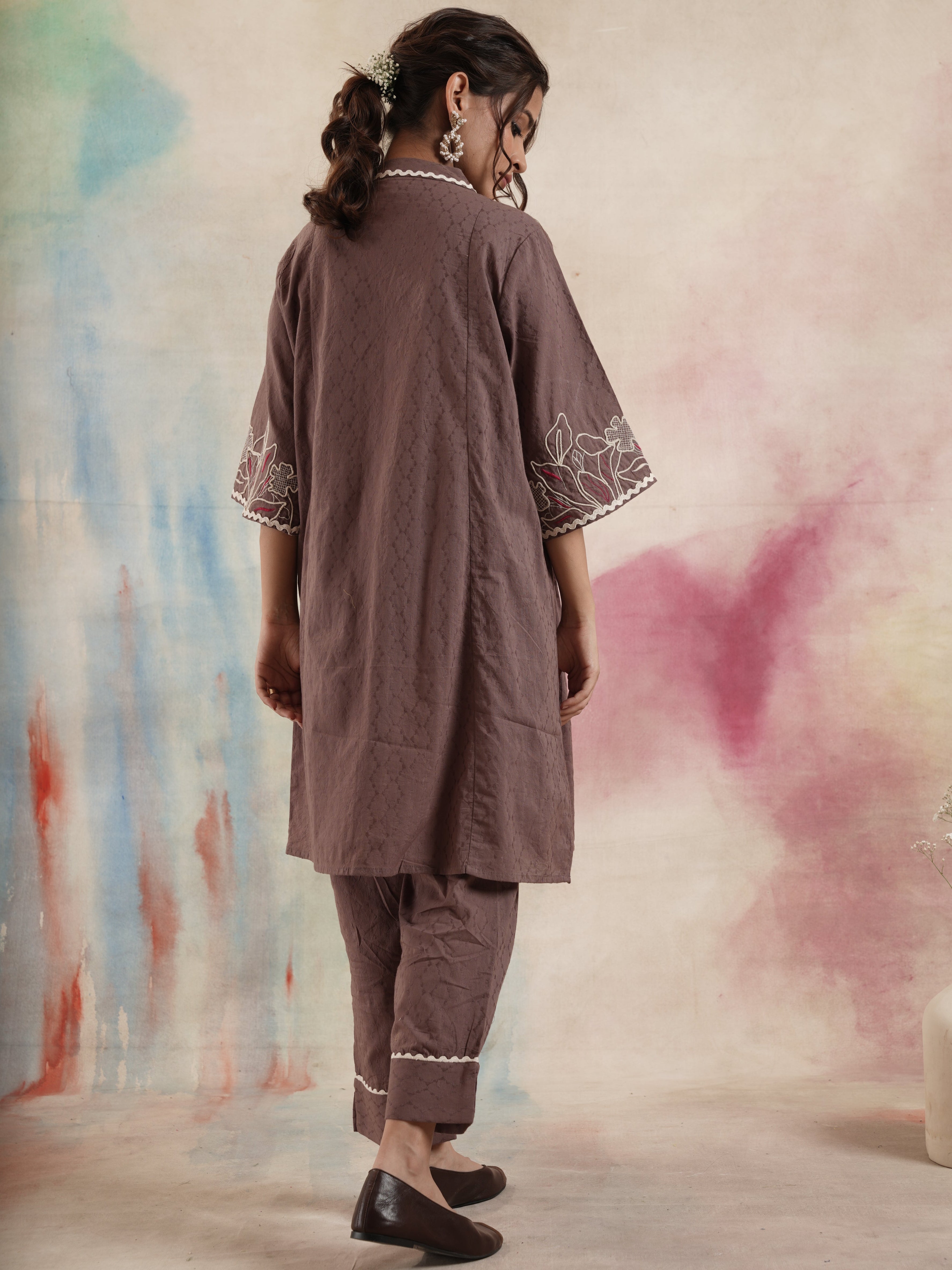 Women's Brown Embroidered Coord Set