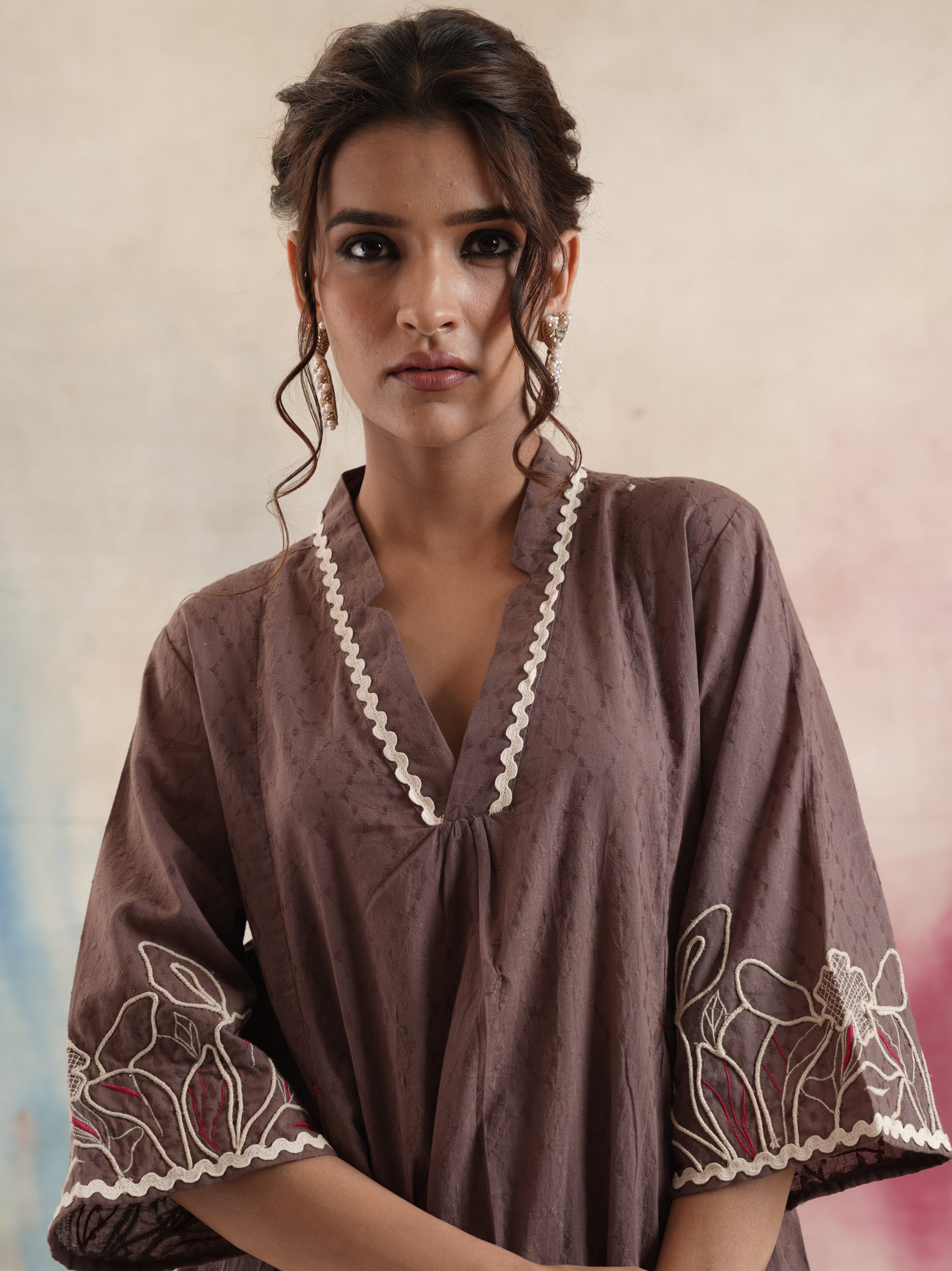 Women's Brown Embroidered Coord Set
