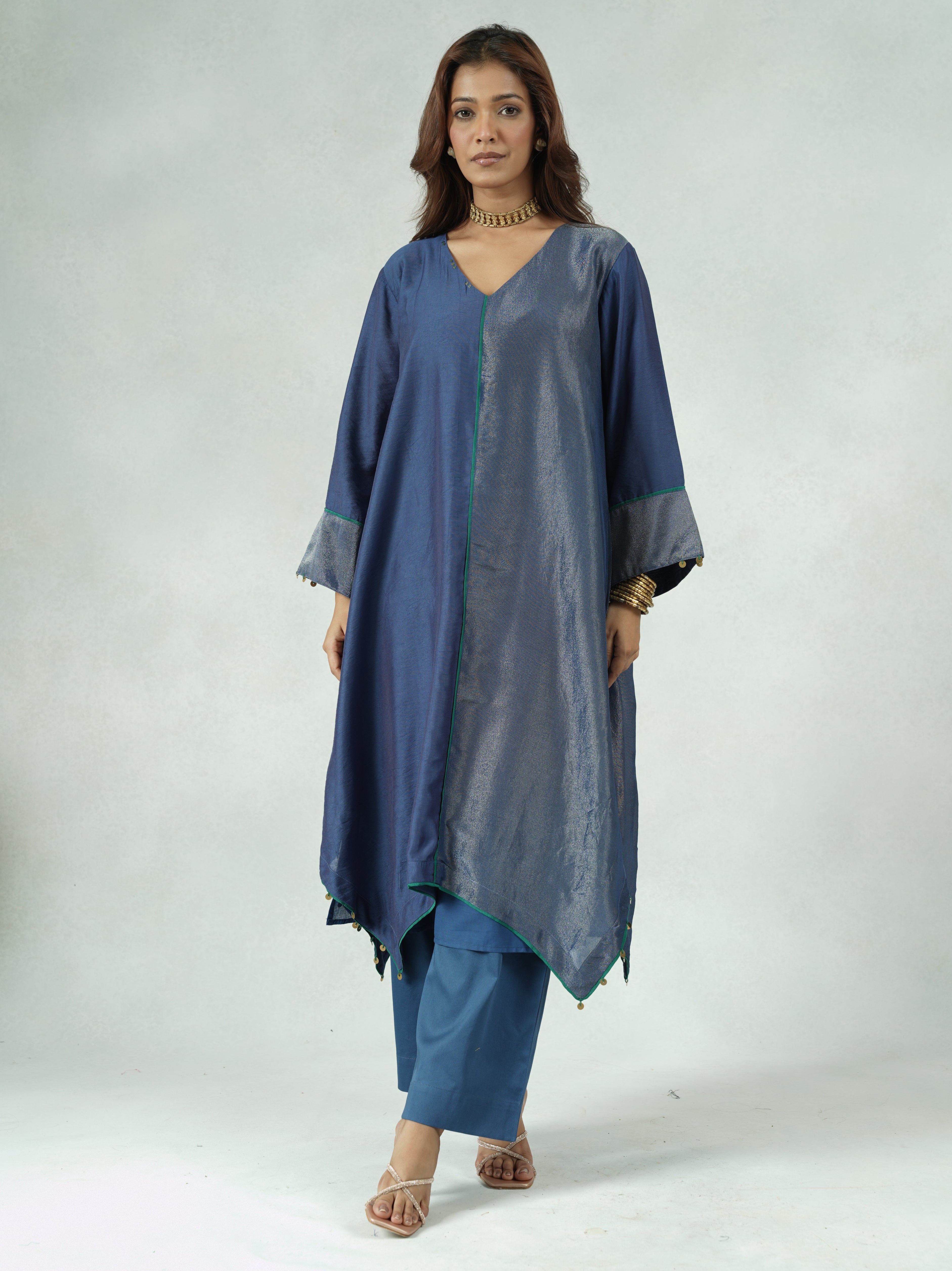Blue Chanderi High-Low Kurta Pant Set