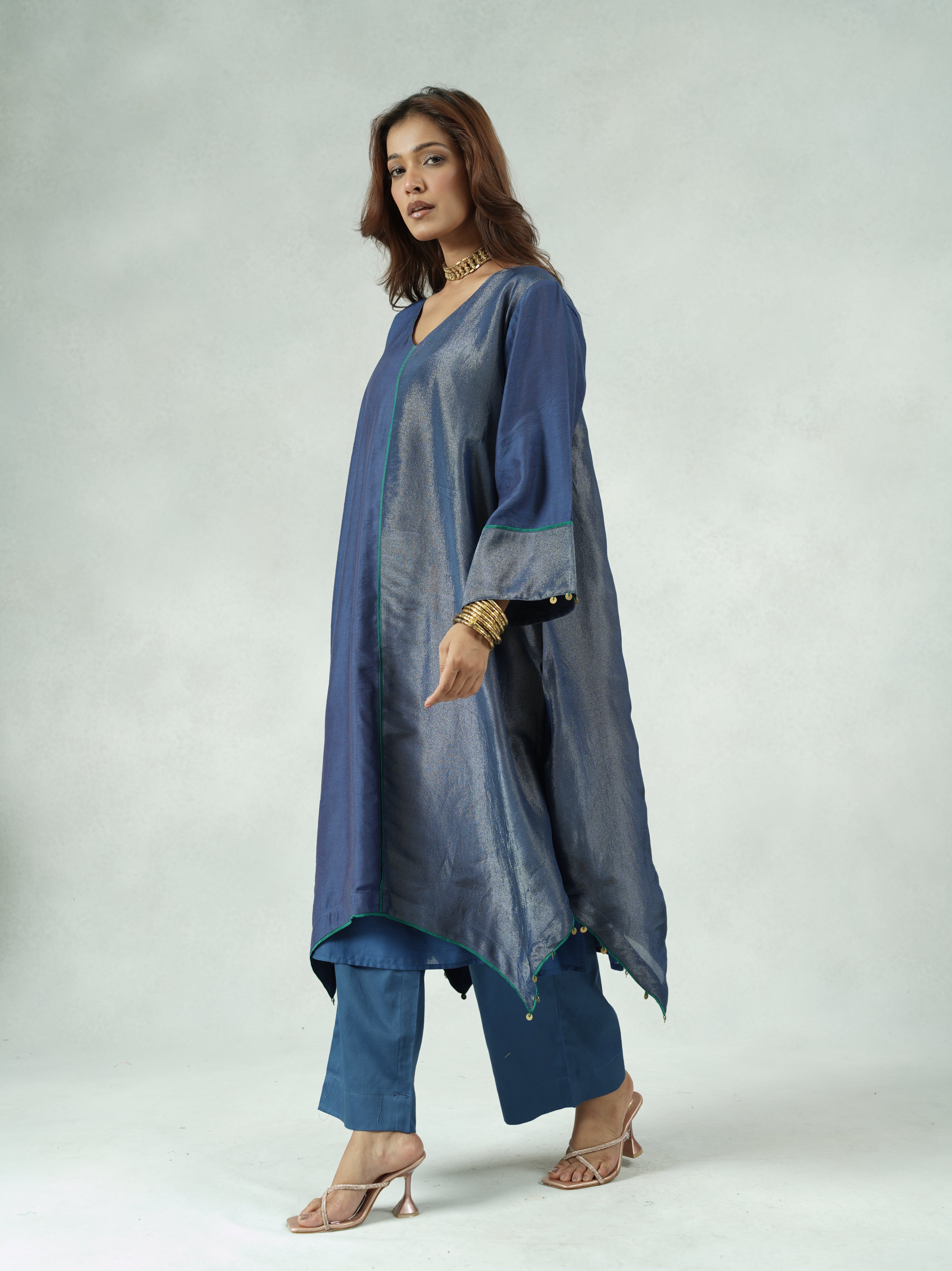 Blue Chanderi High-Low Kurta Pant Set