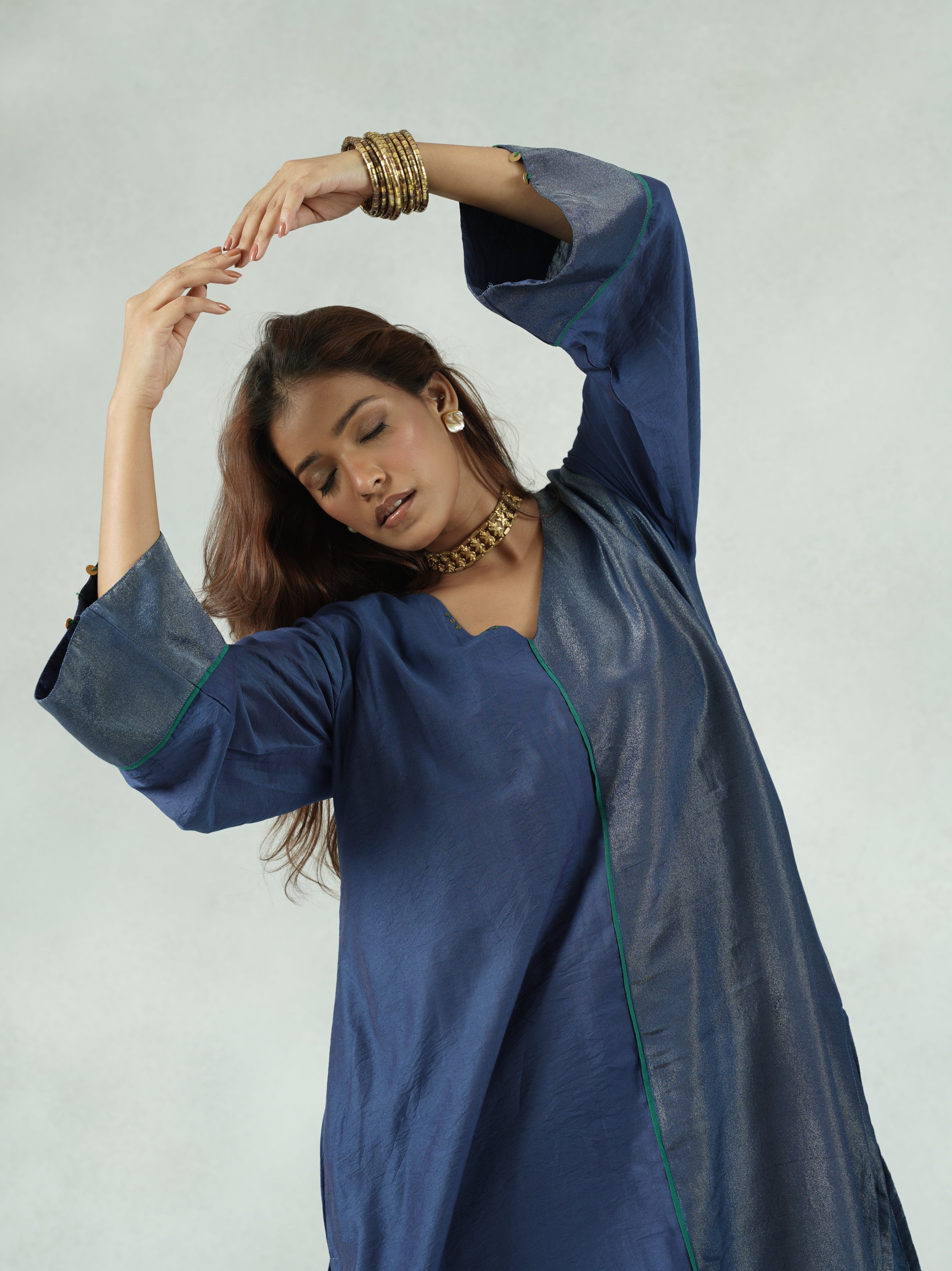 Blue Chanderi High-Low Kurta Pant Set