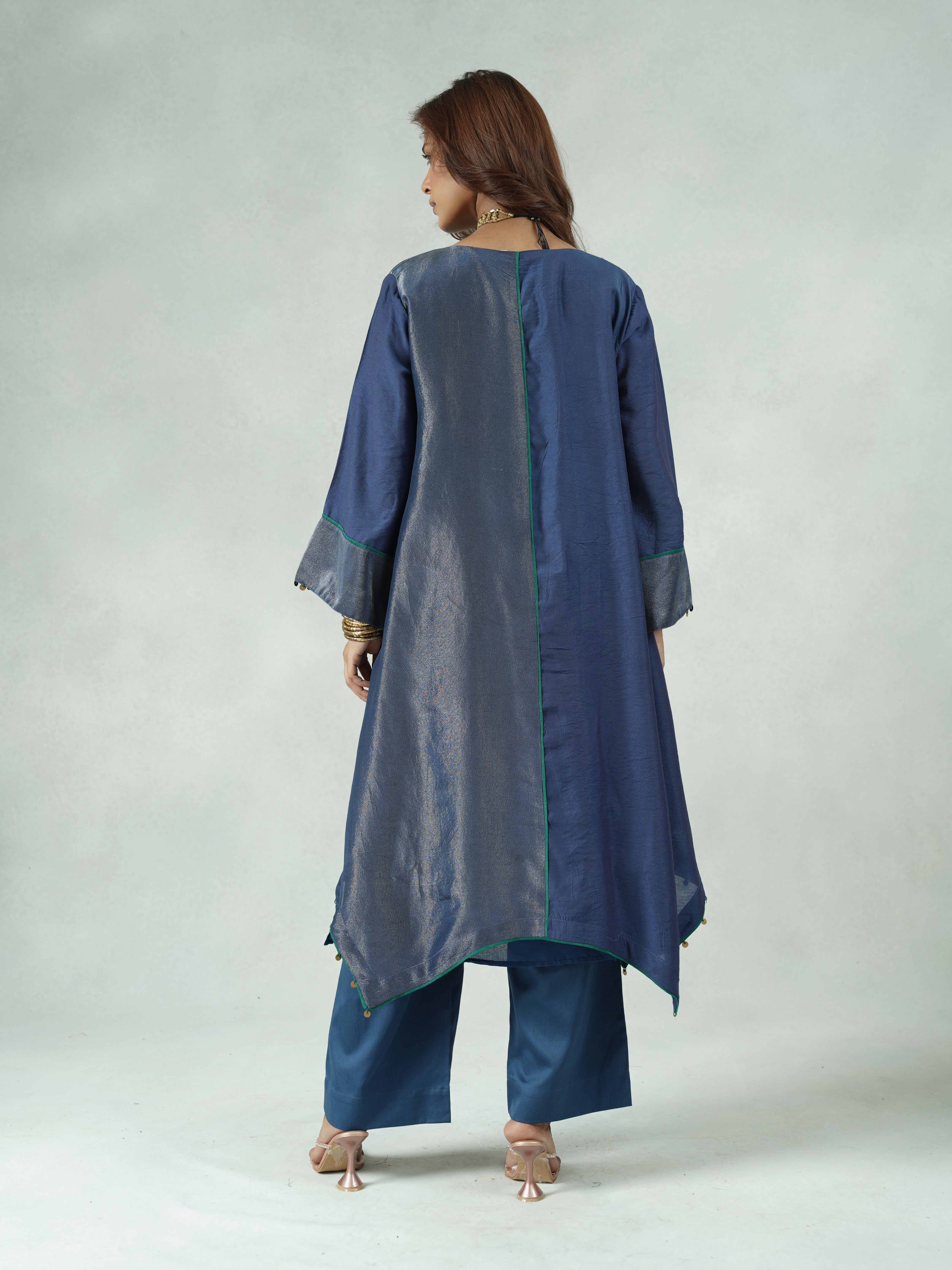 Blue Chanderi High-Low Kurta Pant Set