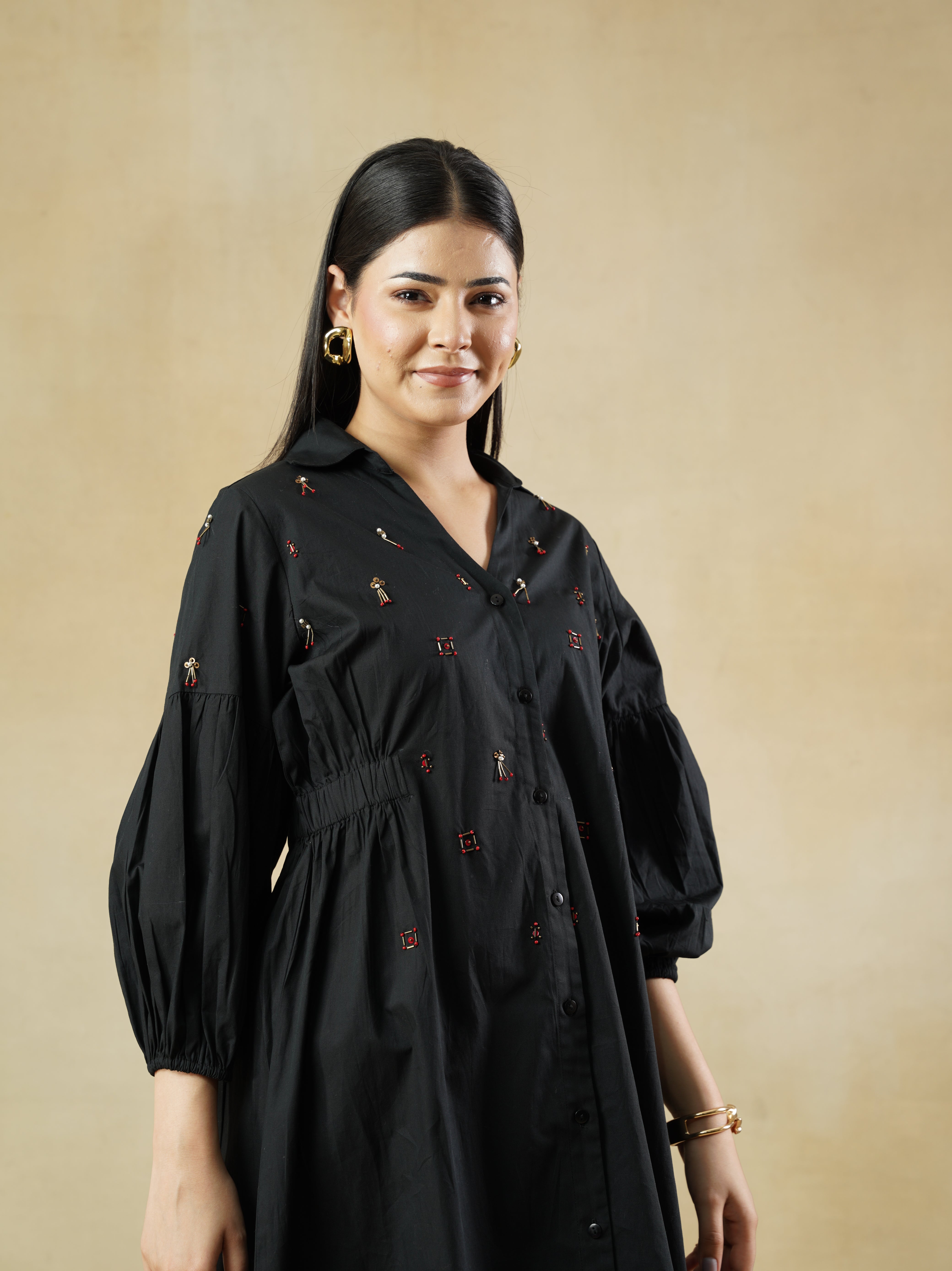Black Beaded Shirt Dress with Bishop Sleeves