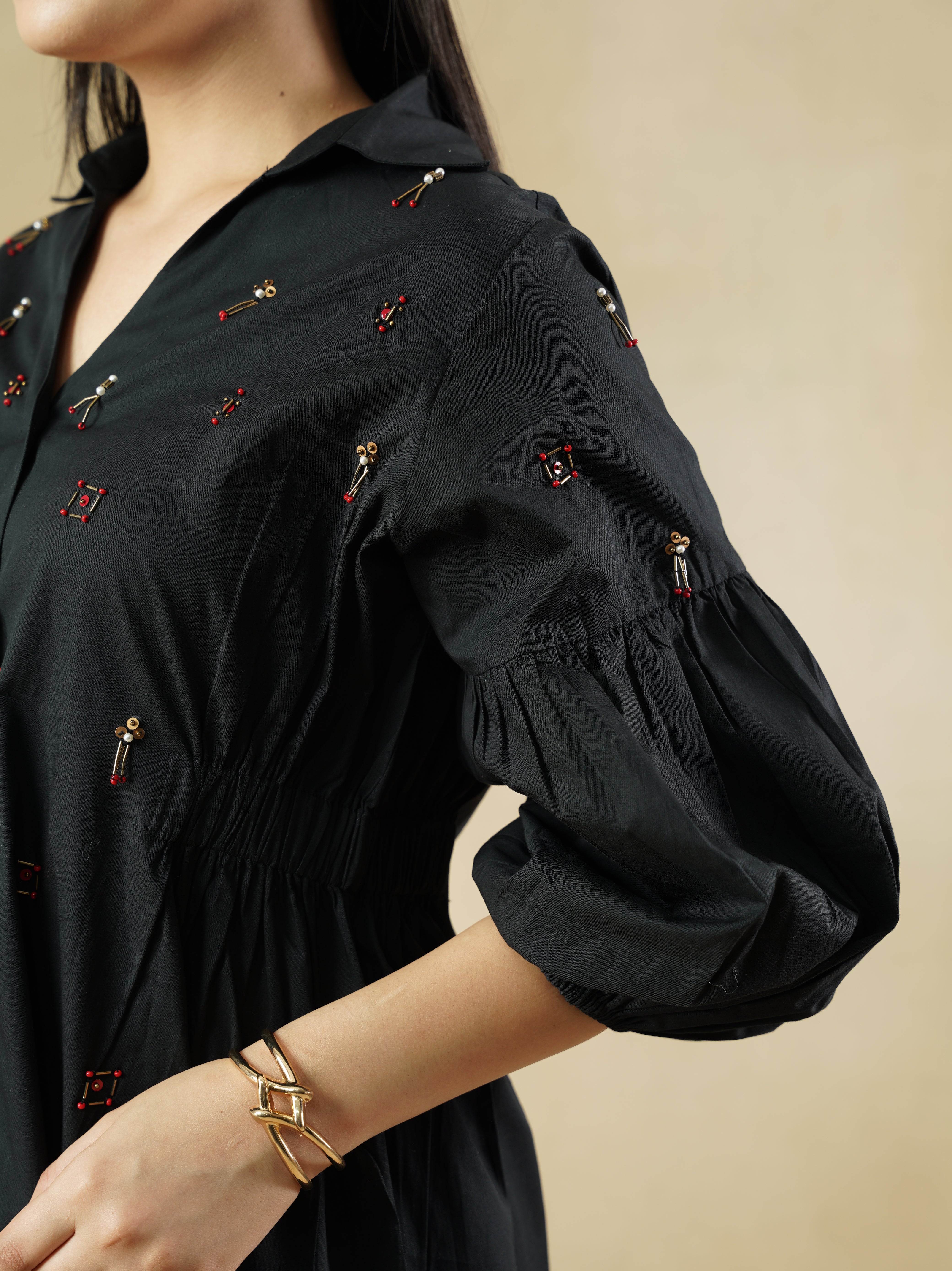 Black Beaded Shirt Dress with Bishop Sleeves
