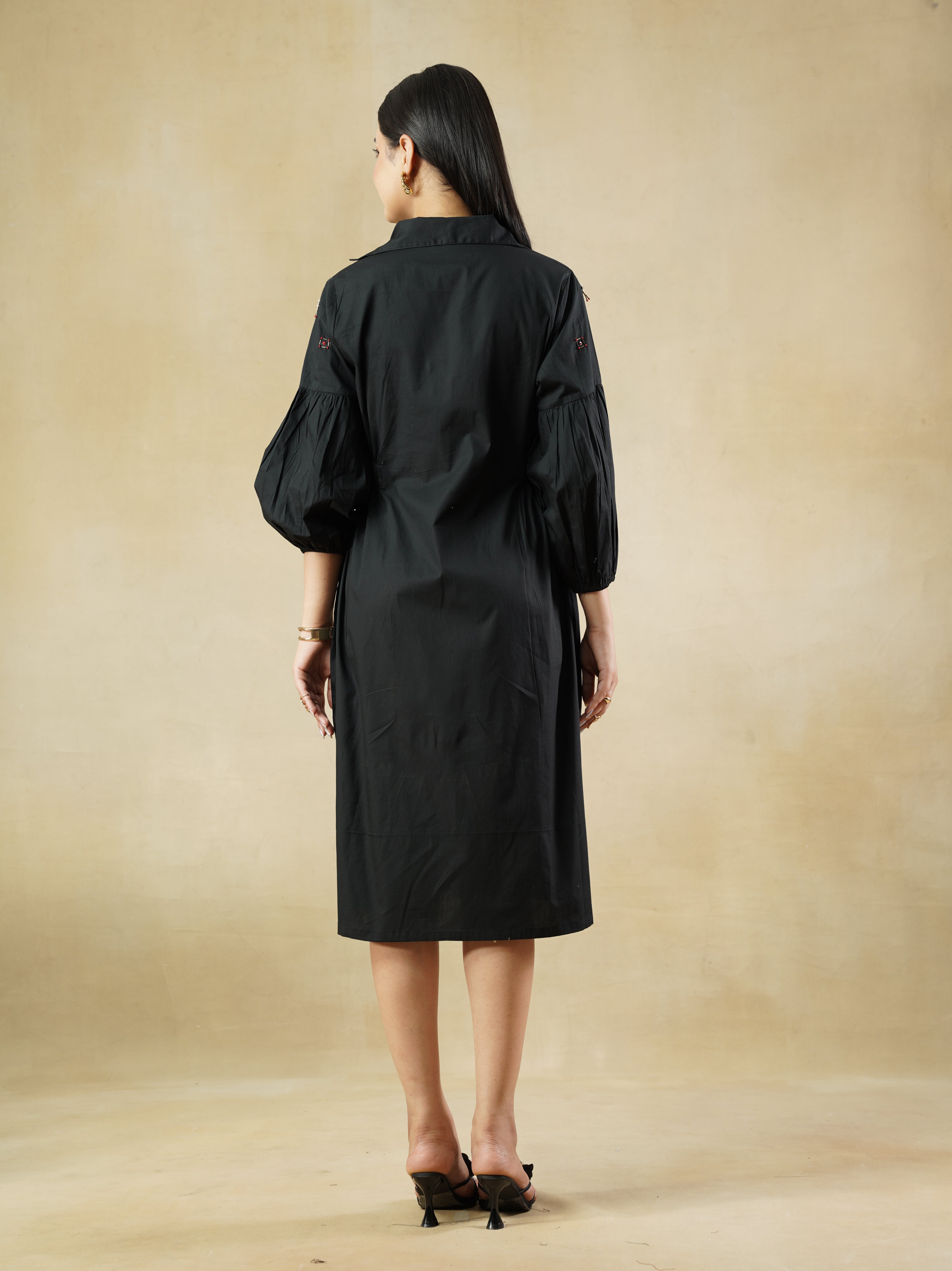 Black Beaded Shirt Dress with Bishop Sleeves