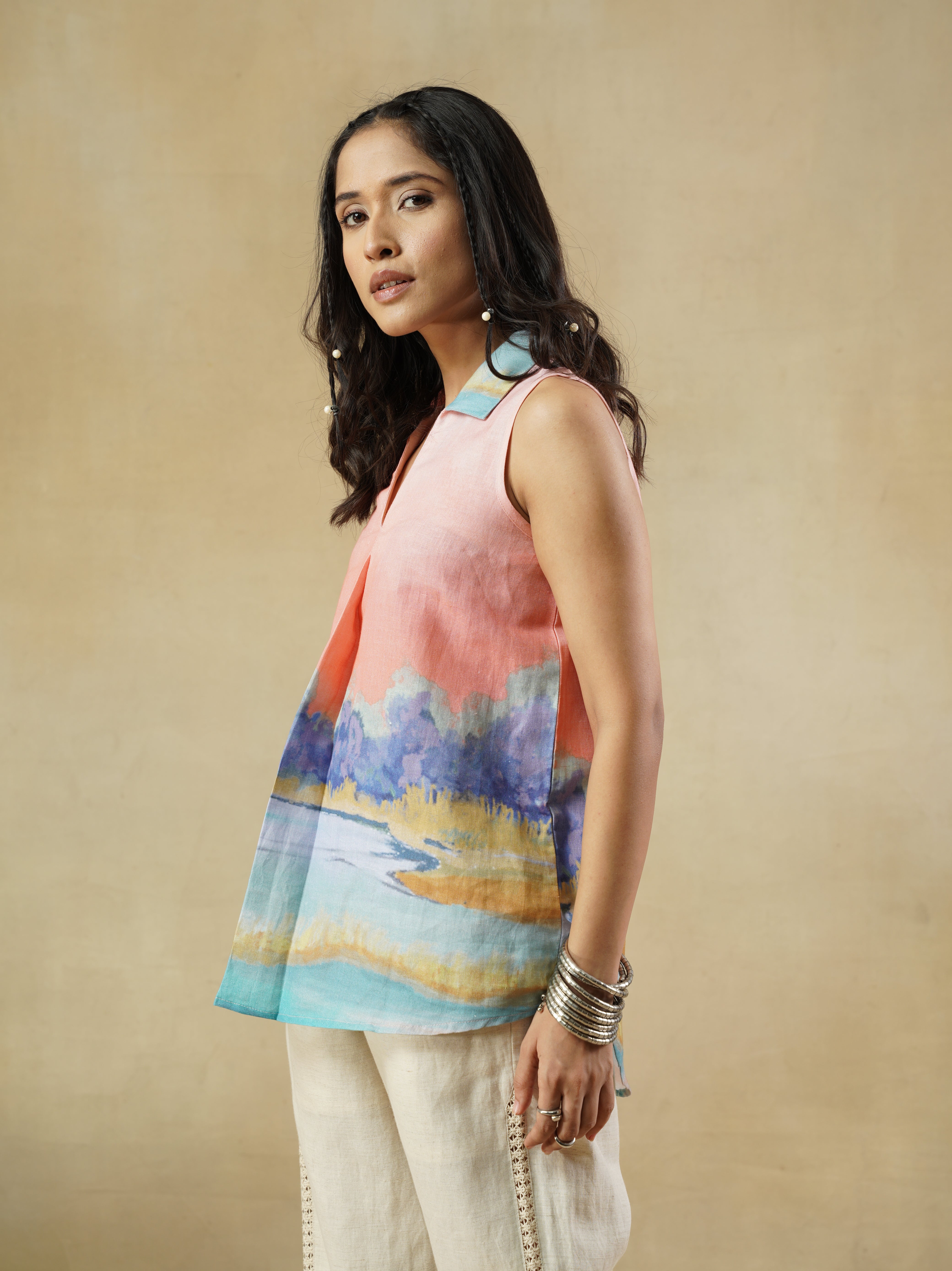 Women’s Sleeveless Multi-Print Linen Blend Tunic