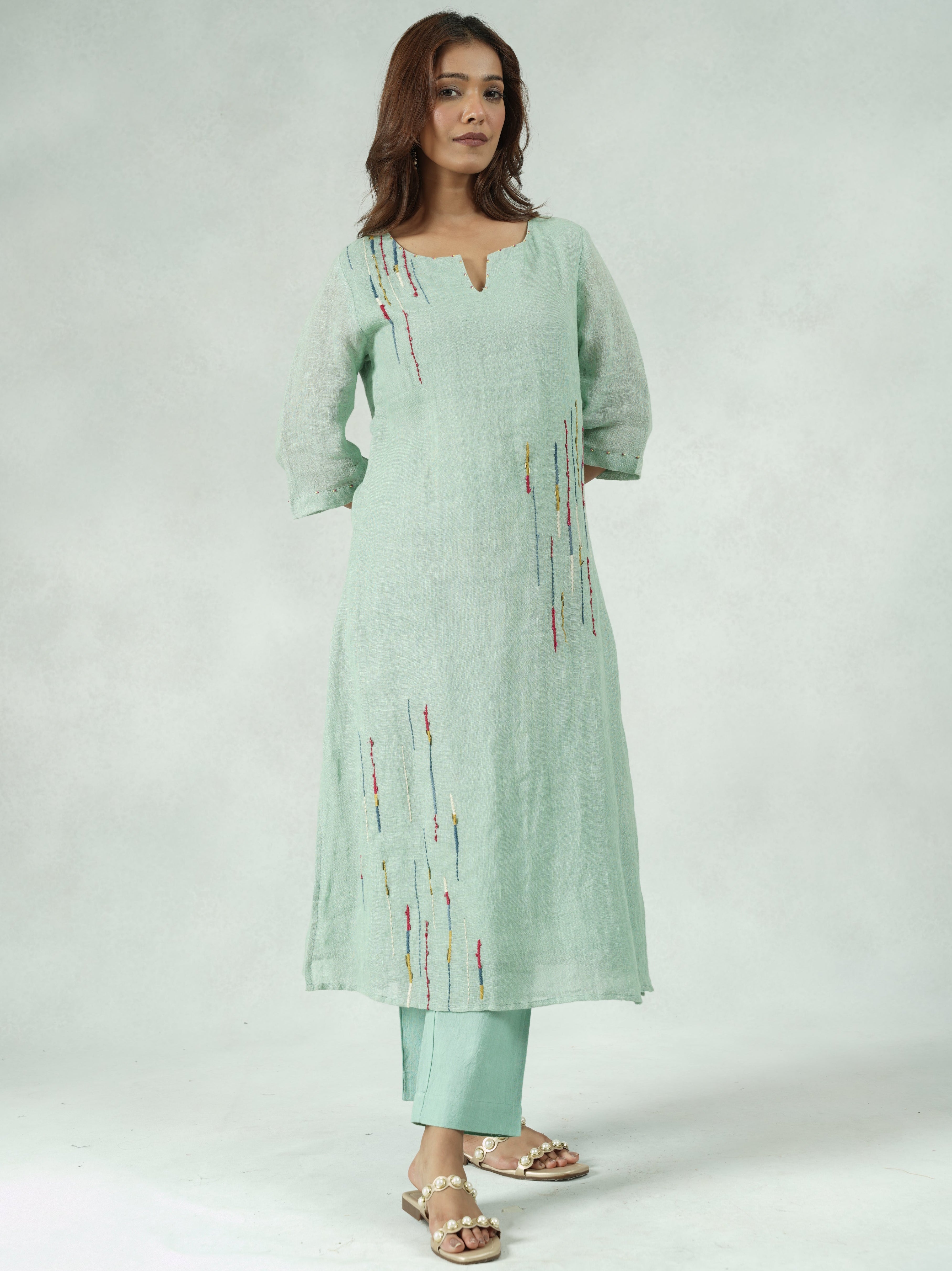 Mint Green Linen Kurta Set with Thread Embroidery