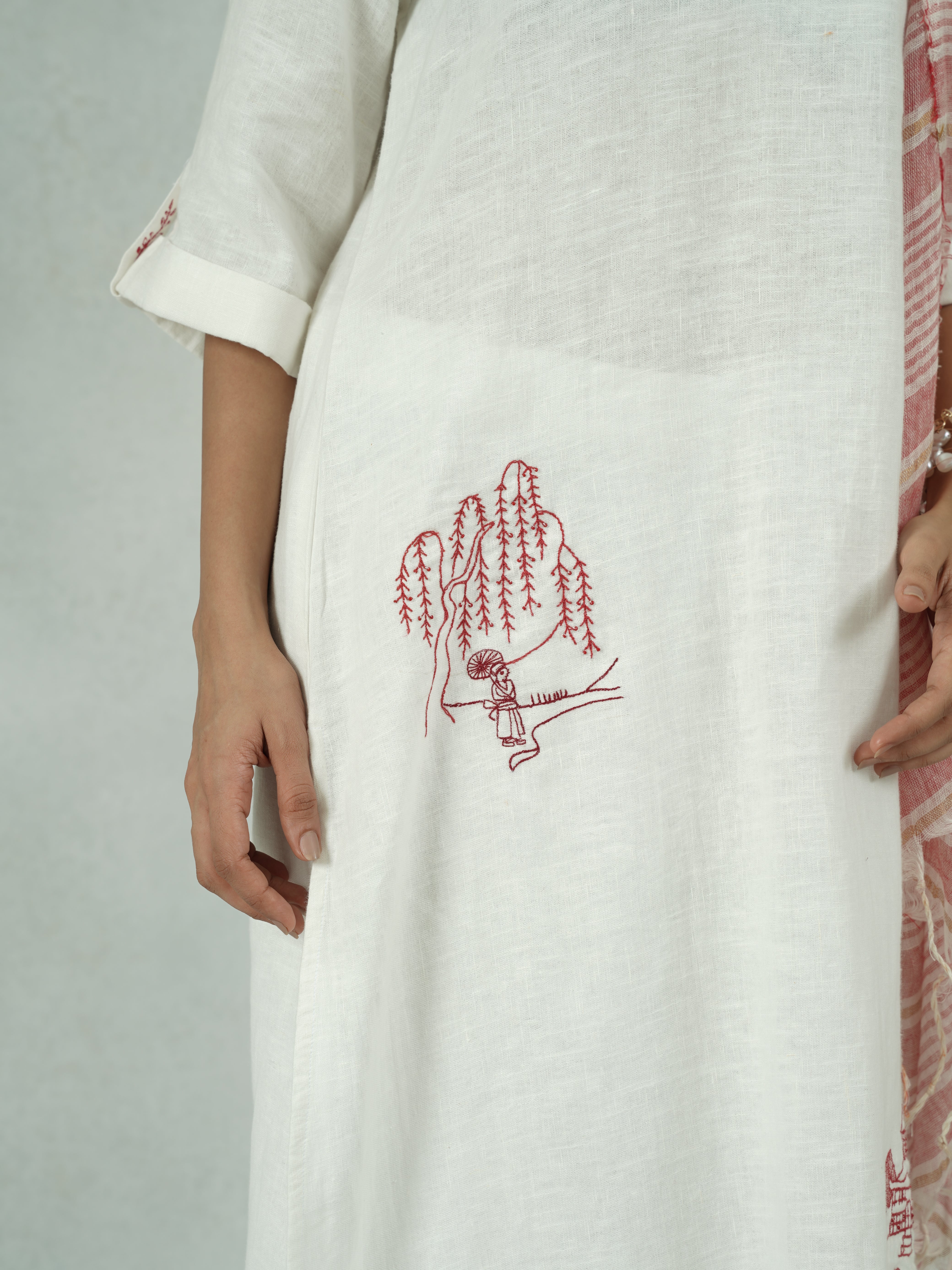 White Linen Kurta Set with Line Art Embroidery – Jahnavi