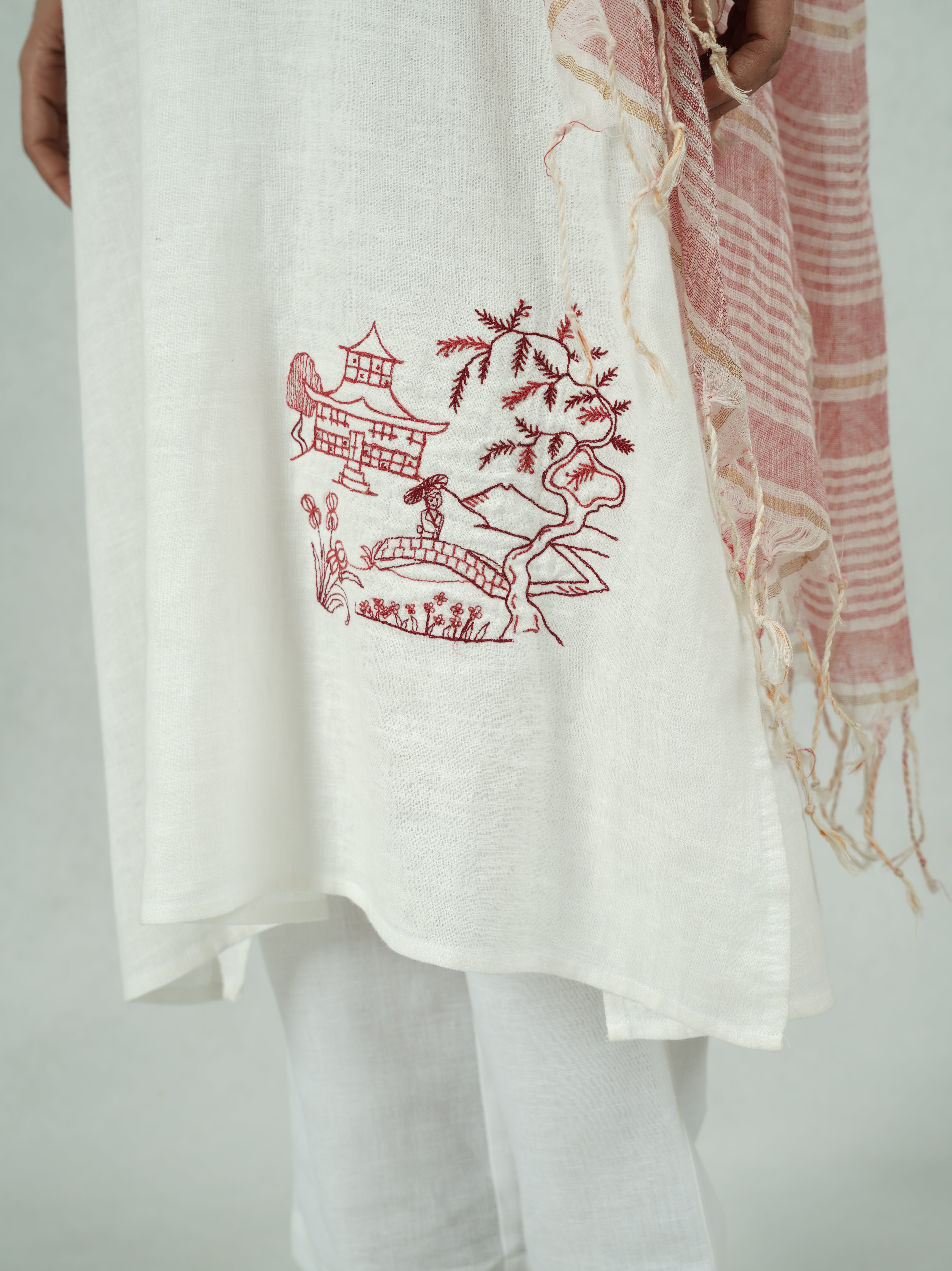 White Linen Kurta Set with Line Art Embroidery – Jahnavi