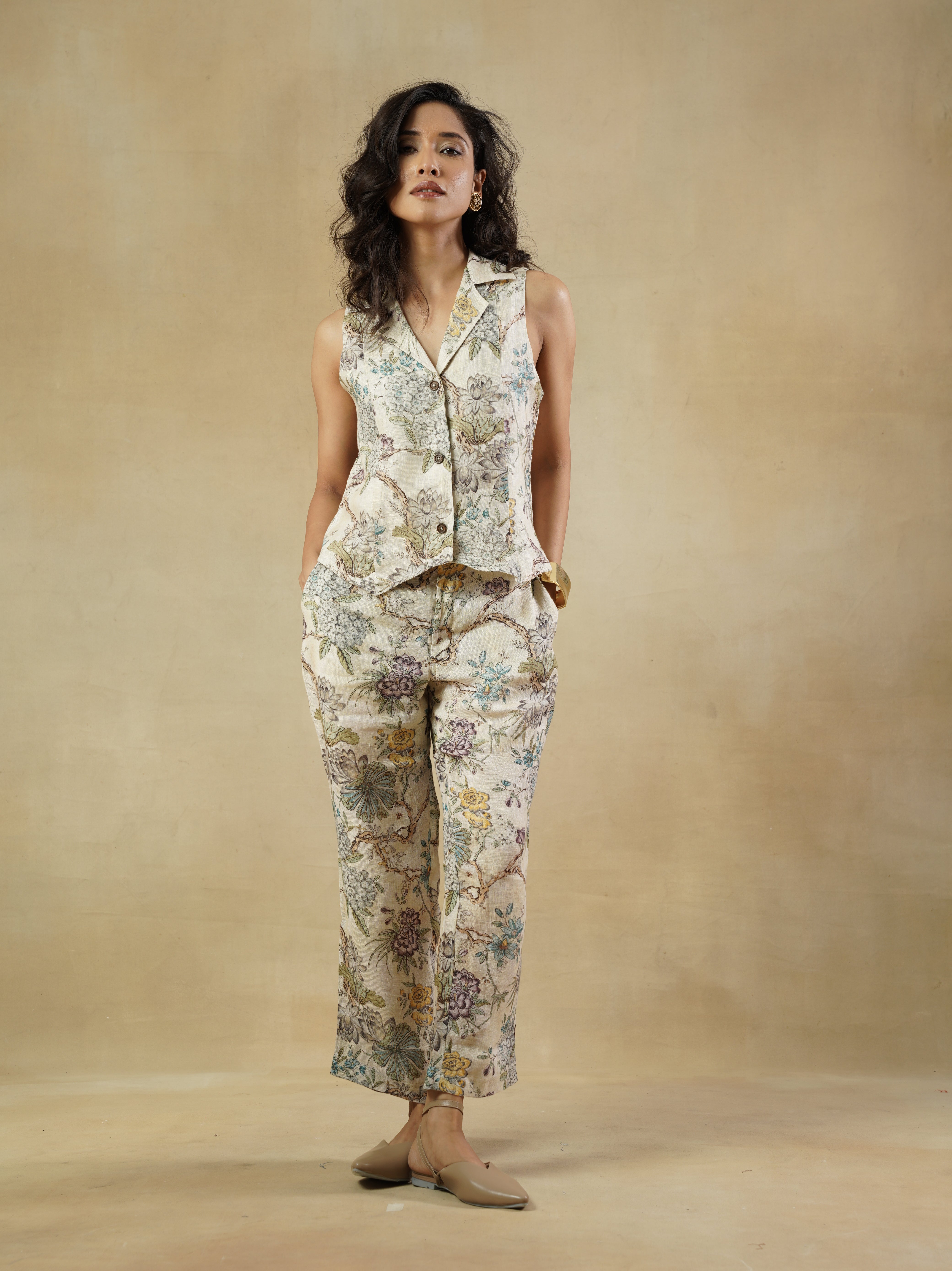 Women's Cream Floral Printed Linen Waistcoat
