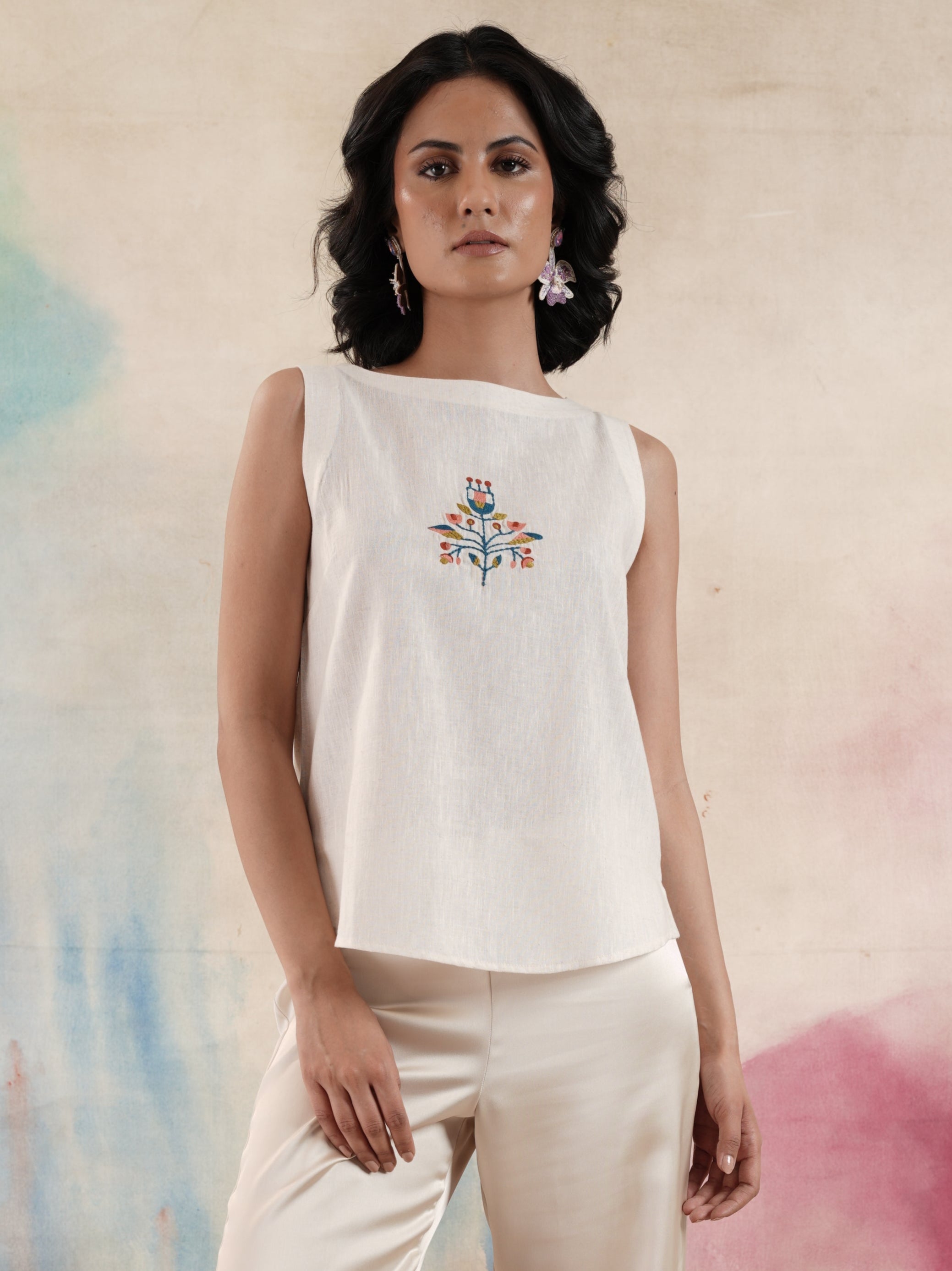 Women's Beige Sleeveless Embroidered Top