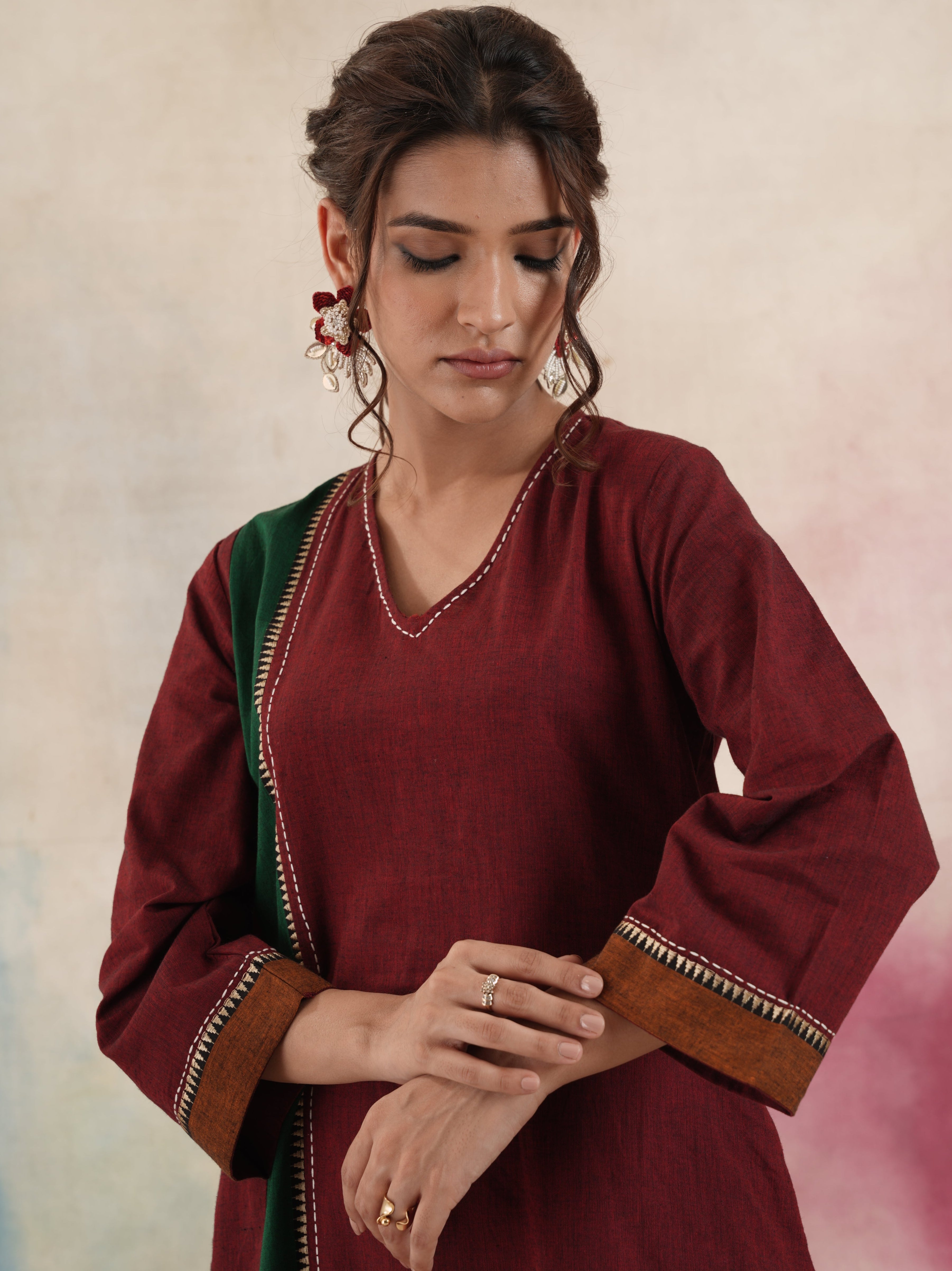 Women's Maroon Colour Block Kurta